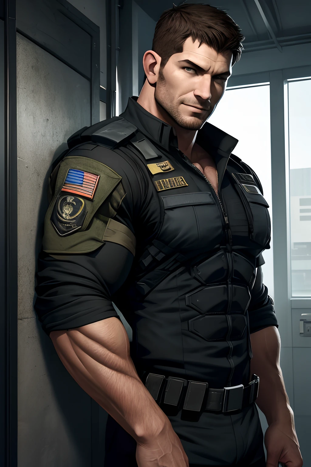 1 man, solo, 50 year old, Chris Redfield, smirks, looking at the camera, black color on the shoulder and a bsaa logo on the shoulder, military tactical suit, long shirt uniform military bulletproof, tall and hunk, biceps, abs, chest, best quality, masterpiece, high resolution:1.2, upper body shot