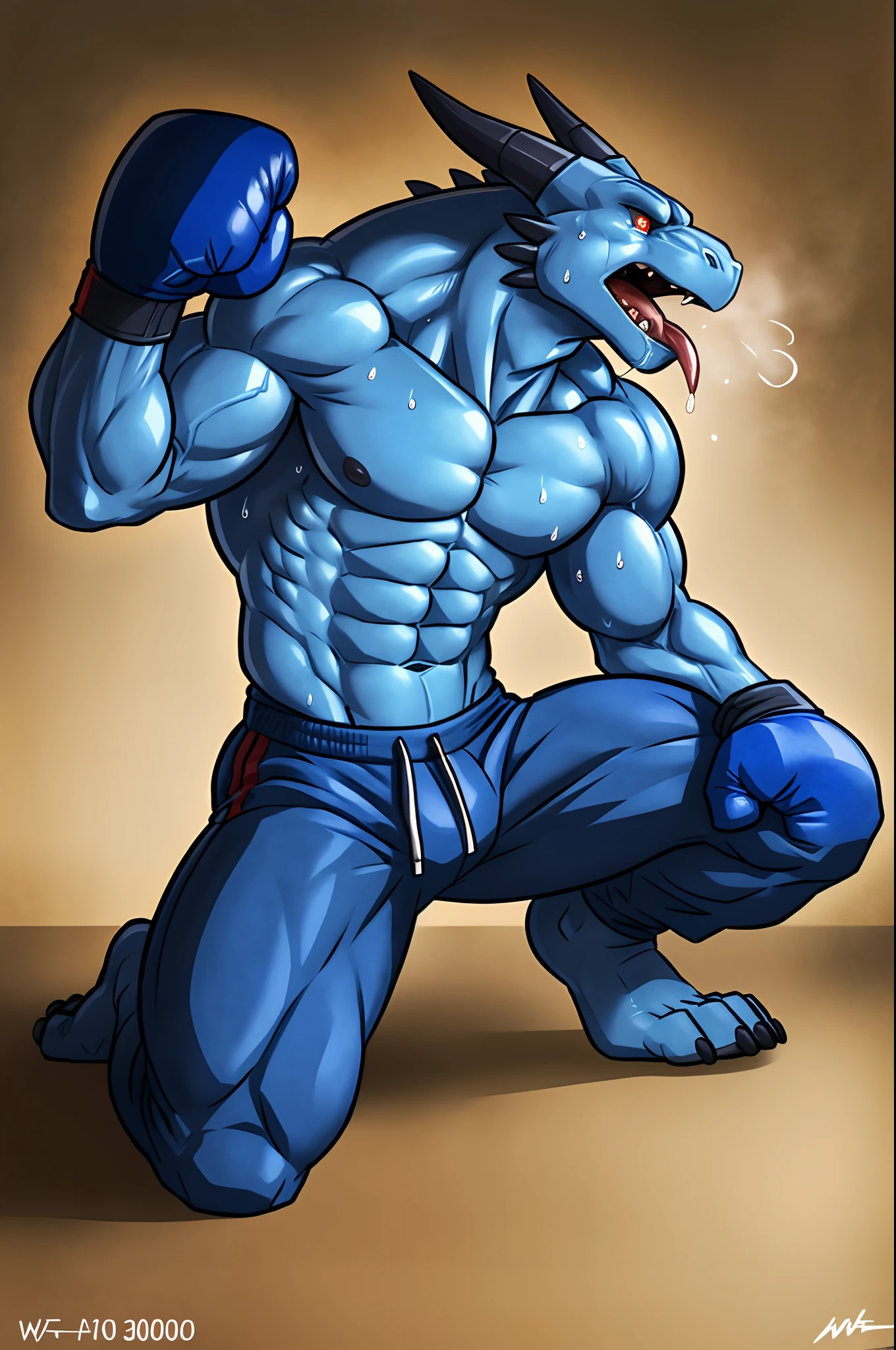 ((solo) full height):1, (anthro) blue dragon, lora, adult, mature, masculine, slim:1.2, skinny:1.2, tall:1, (correct anatomy:1.2), vascular veins, (correct proportions:1.3), topless, (shirtless, bare paws, boxing gloves, black sweatpants), ultradetailed, (by wfa:1.2), (by takemoto_arashi, by vorusuarts, by Traver009:1, by grimfaust:1), natural lighting ((boxing ring):2.4 background), (sweat:1.4, wet:1.6), (lots of sweat flowing down) exhausted, dragon head ((open:1 eyes, detailed):1.2), open mouth (steaming breath:1.2, drooling, dripping saliva, thick drool) tongue sticking out, (serious:1.4) expression), in pain, fallen down, kneeling on one knee:1, one knee up, collapsed, arms down