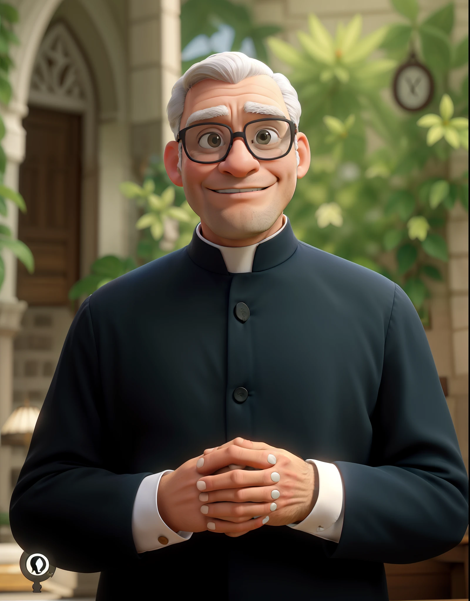 Obra-prima, de melhor qualidade, um homem de cabelos grisalhos, wearing priest's clothing and prescription glasses with transparent frames. You've got both hands clasped together.