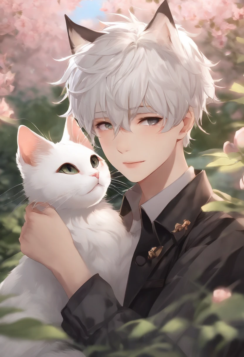 (best quality, high definition, masterpiece:1.2,), anime, white hair, twink catboy, cute, cat ears, soft blush