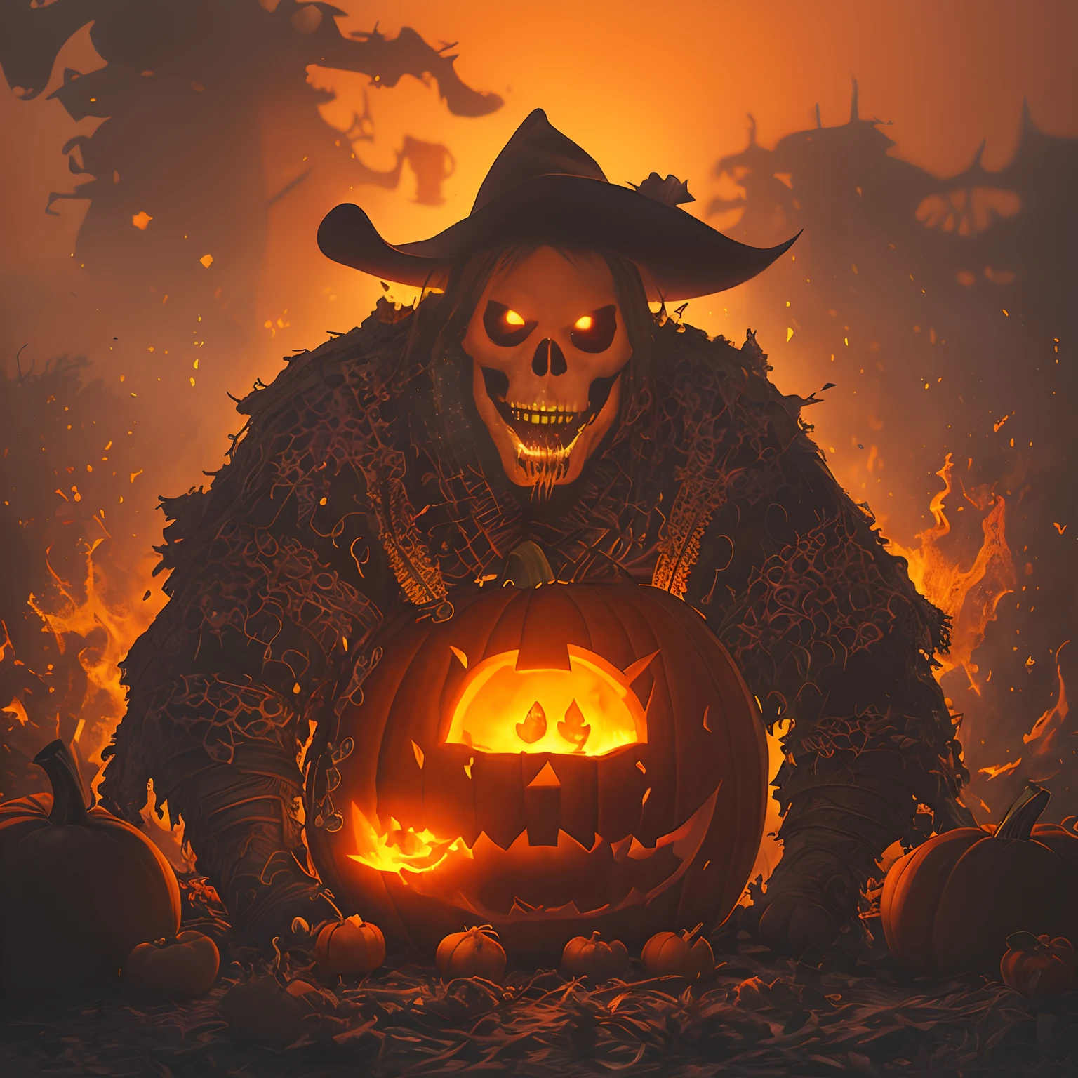 Halloween. The Legend of Jack. pumpkinhead
horseman, with a burning pumpkin for a head,
Horror, hyper-detailed, Hyper-realistic, complex details, 4k,
Professional photo, Lumen, thick fog, Infernal Glowing Cherry
Blooms, Digital Painting, Fantasy art, dim lighting