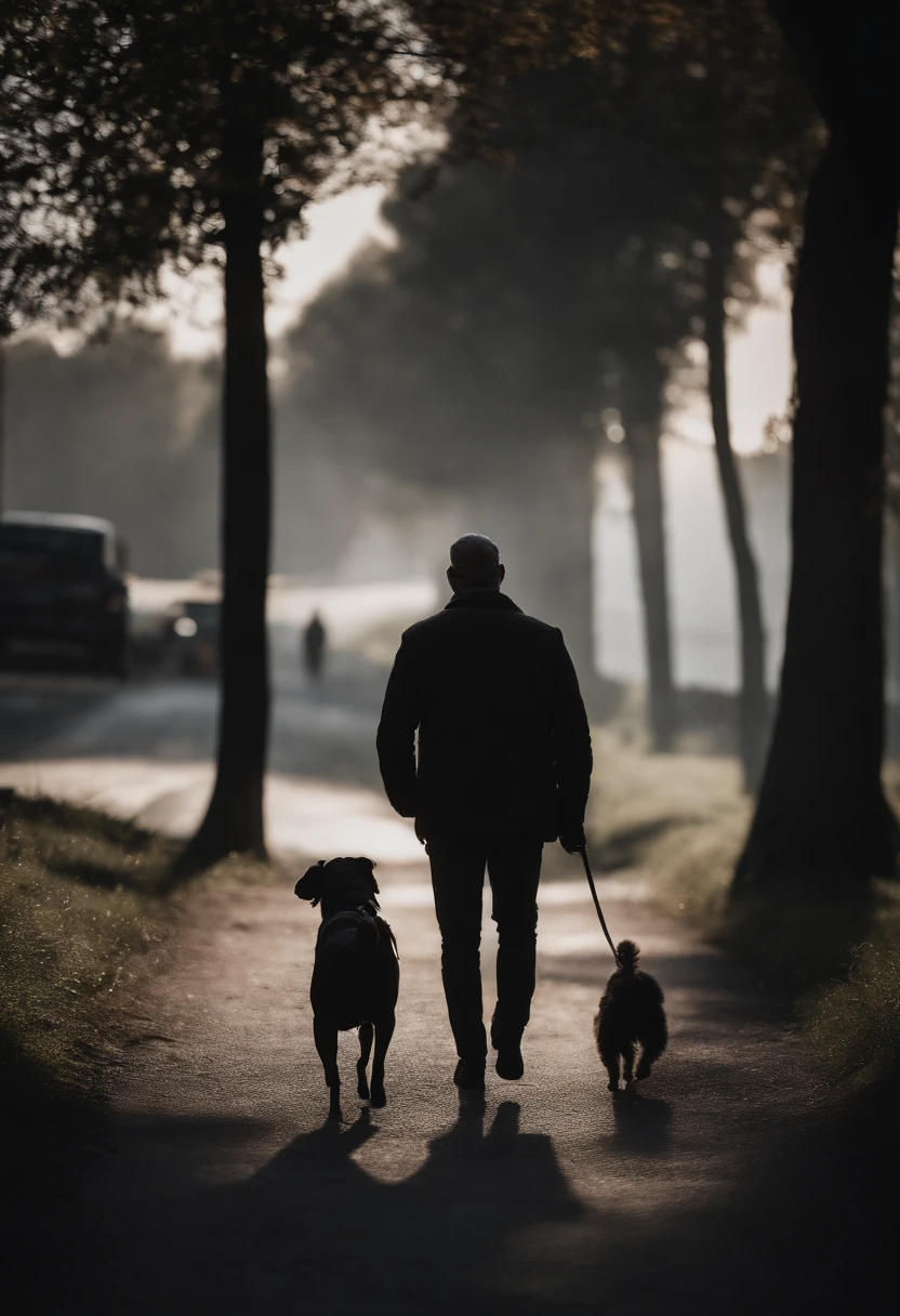 un couple de race noir qui marche avec leur chien