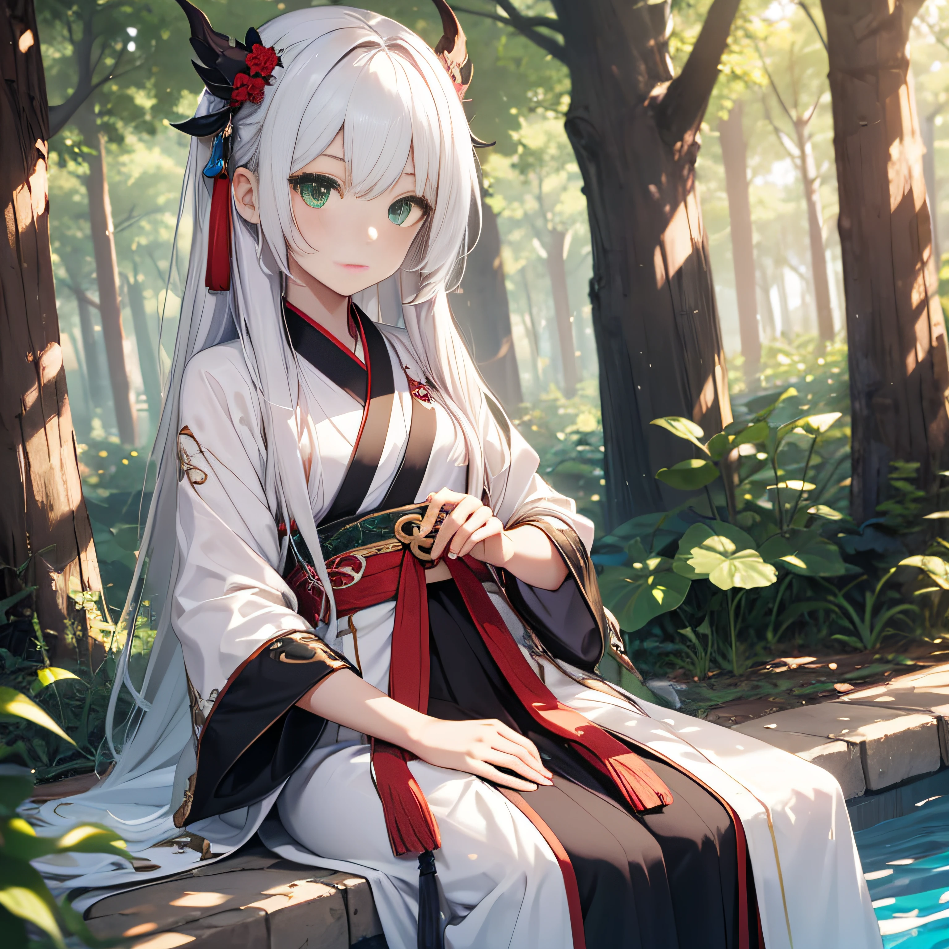 hanfu, (ru_qun), tree, pool, white hair, green eyes, nahida_genshin, child, masterpiece, best quality