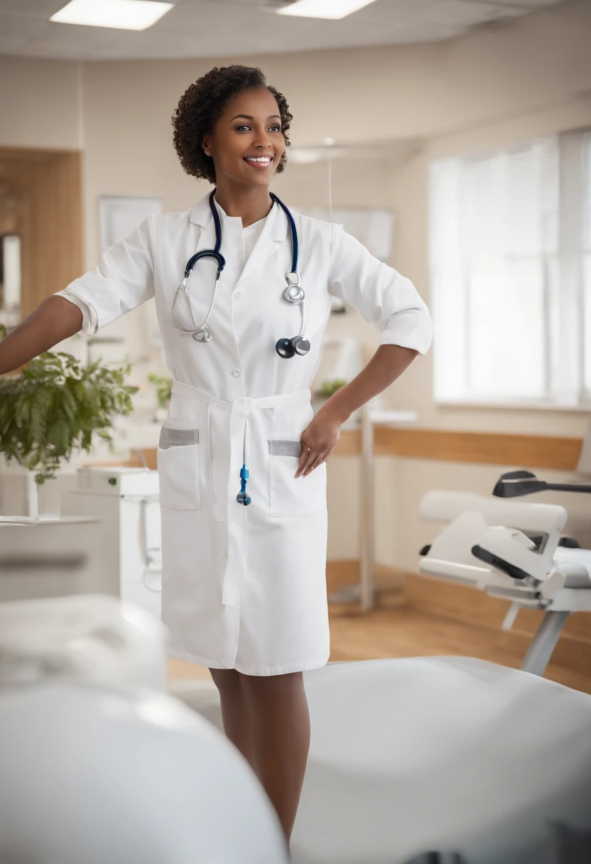 a girl,dark-skinned and beautiful detailed eyes,beautiful detailed lips,long eyelashes,extremely detailed eyes and face,wearing professional clothes and a white coat,standing in a well-lit physiotherapy room,working with patients,using various equipment and techniques to provide treatment and rehabilitation,making intensive and precise movements,focused and caring expressions,interacting with patients warmly and attentively,creating a harmonious and comfortable atmosphere,surrounded by modern physiotherapy equipment,including exercise balls,resistance bands,electrotherapy devices,and massage tables,walls decorated with educational posters and anatomical charts,showcasing the knowledge and expertise of the therapist,professional and high-quality care,highlighting the importance of diversity and representation in the healthcare field,the room is bright and inviting with natural light streaming in through large windows,enhancing the positive and healing environment,best quality,ultra-detailed,photorealistic,physically-based rendering,vivid colors.