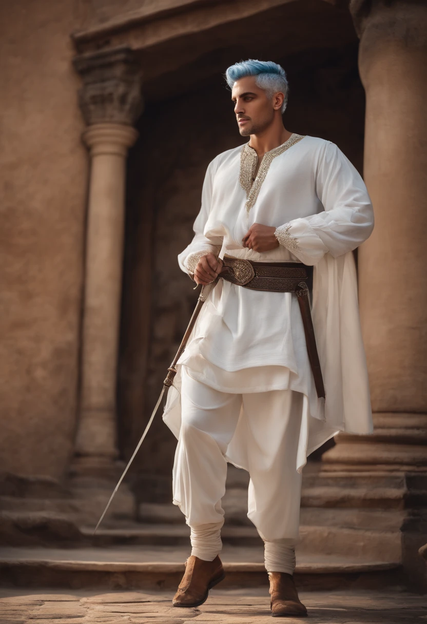Homem elegante, Strong physique, Manto branco, Arabic pants of white color, blusa nobre azul claro, Botas Brancas, messy light blue hair, look of satisfaction, short hair, olhos azuis escuros, Noble appearance, holding a silver spear, Castelo Antigo, Medieval setting.