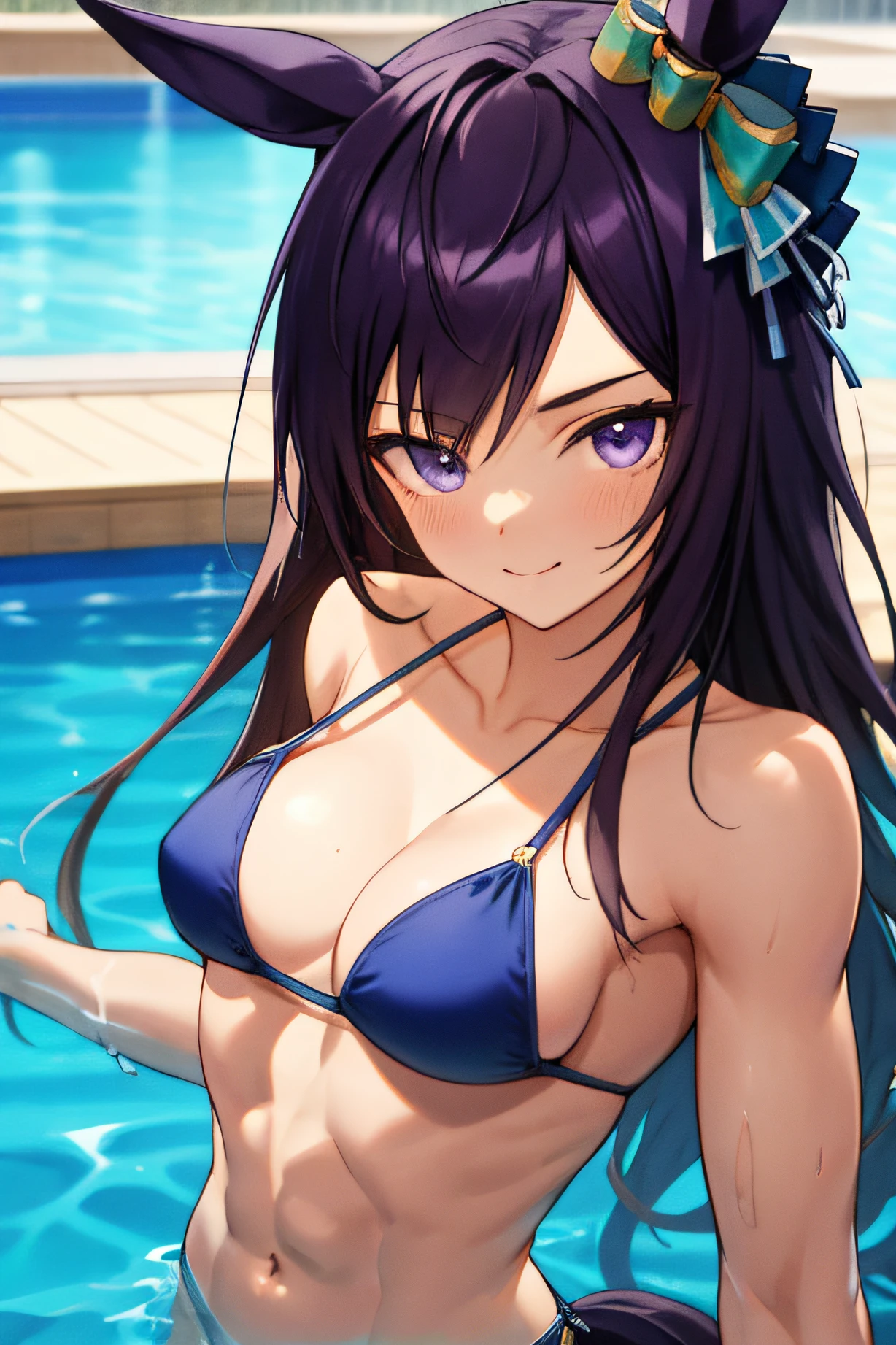 mejiro dober \(umamusume\), masterpiece, best quality, ultra-detailed face,( muscle), abs, frontage, upper body, plain bikini, horse tail, pool, smile, detailed clear eyes, slender