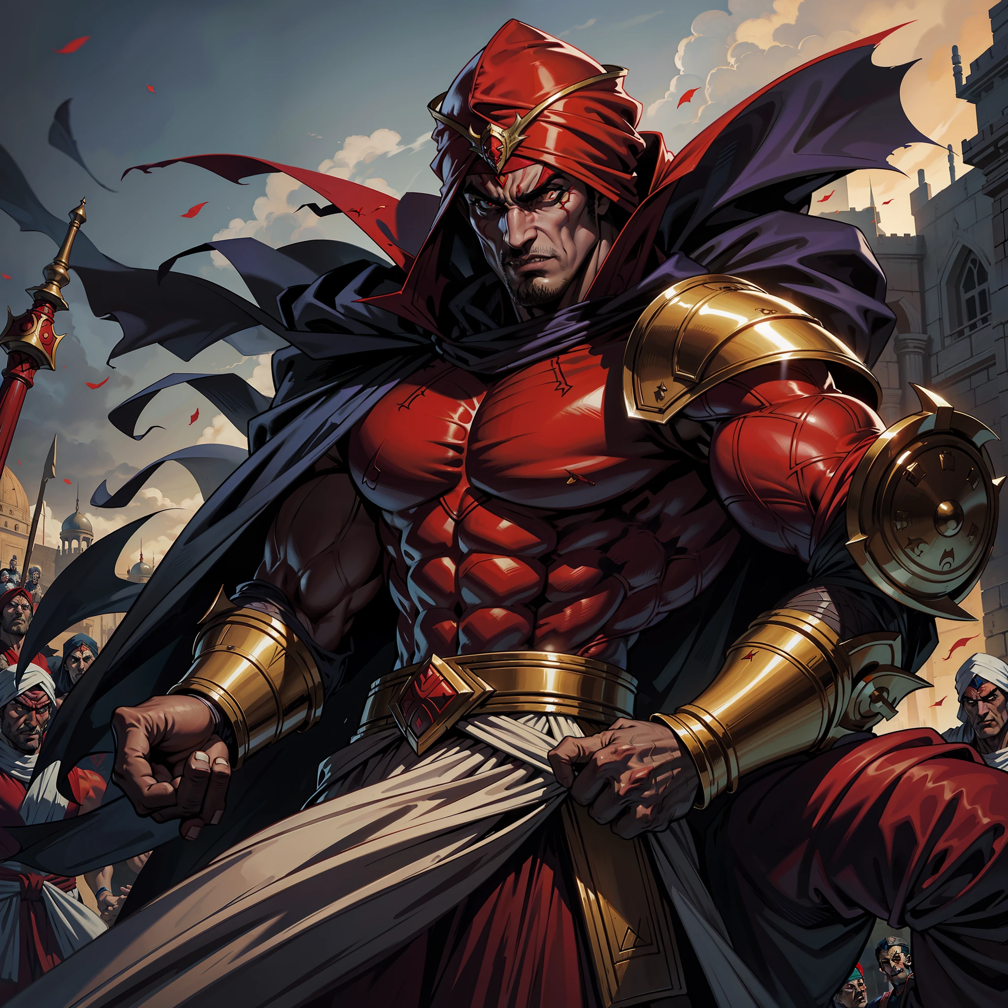 Lord Dracula Medieval Arab Warrior wearing Islamic Armor with a Red Turban Scary Face Hokuto no Ken Structure Muscular Face Scary Kenshiro marching with his army of 7 Moroccan avgueriers men