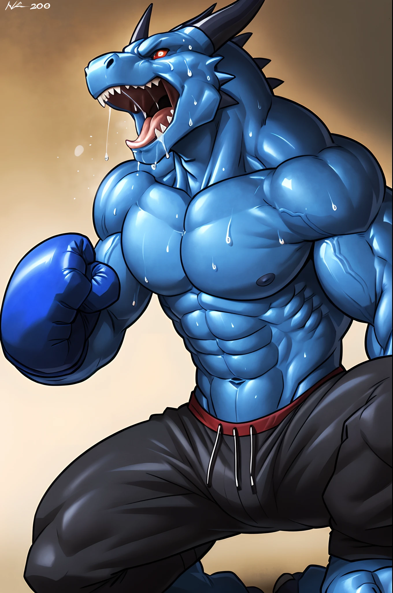 ((solo) full height):1, (anthro) blue dragon, lora, adult, mature, masculine, slim:1.2, skinny:1.2, tall:1, (correct anatomy:1.2), vascular veins, (correct proportions:1.3), topless, (shirtless, bare paws, boxing gloves, black sweatpants), ultradetailed, (by wfa:1.2), (by takemoto_arashi, by vorusuarts, by Traver009:1, by grimfaust:1), natural lighting ((boxing ring):2.4 background), (sweat:1.4, wet:1.6), (lots of sweat flowing down) exhausted, dragon head ((open:1 eyes, detailed):1.2), open mouth (steaming breath:1.2, drooling, dripping saliva, thick drool) tongue sticking out, (serious:1.4) expression), in pain, fallen down, kneeling on one knee:1, one knee up, collapsed, arms down