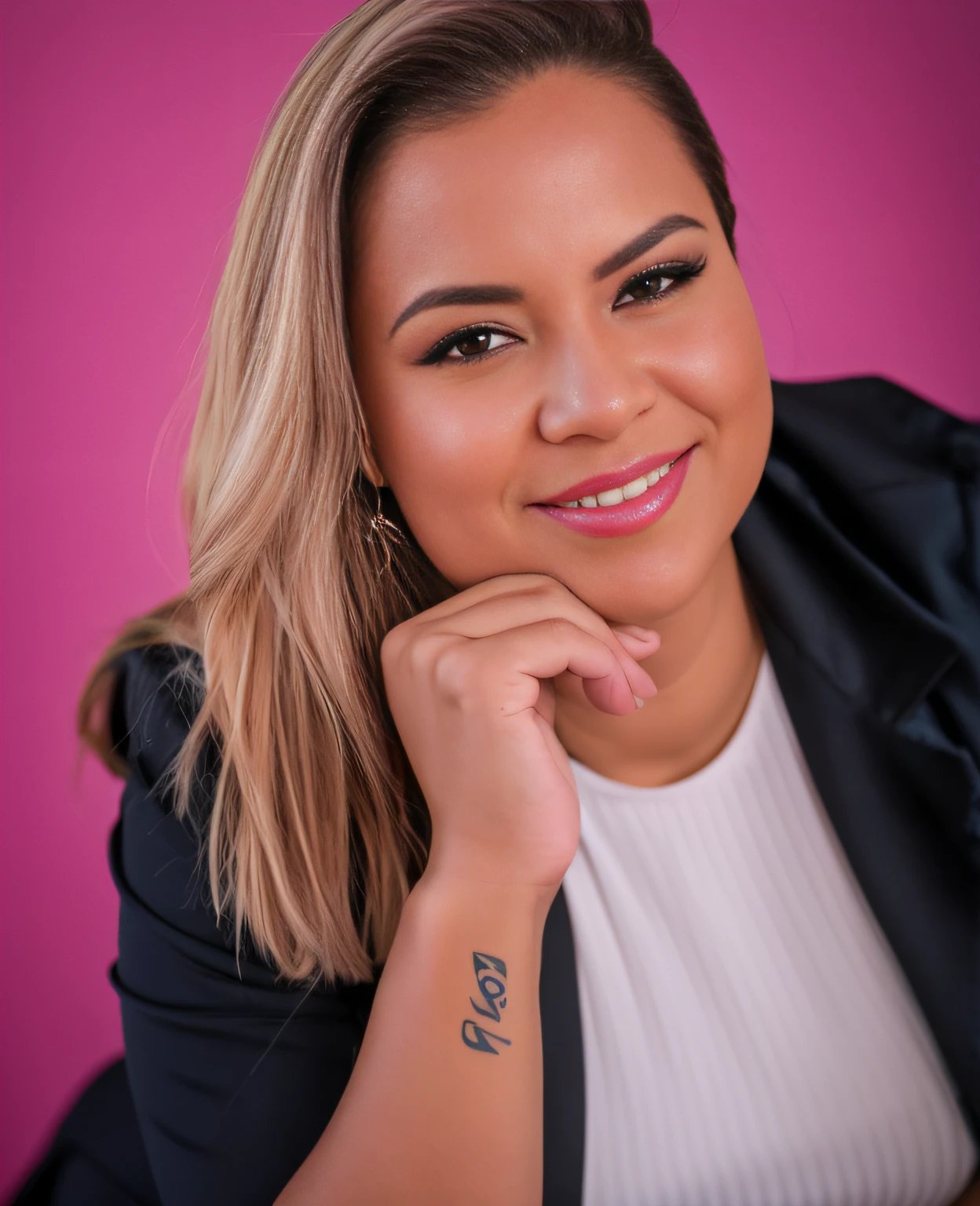 Arafed woman with a tattoo on her arm and a pink background, Profile Picture: Headshot, Malika Favre, Marischa Becker, Directed by: Olivia Peguero, photo shot in the head, by Amelia Peláez, Tiro de glamour, Alanis Guillen, Lorena Avarez, Portrait shot in the head, Directed by: Nandor Soldier, head shoot, Angie Glocka