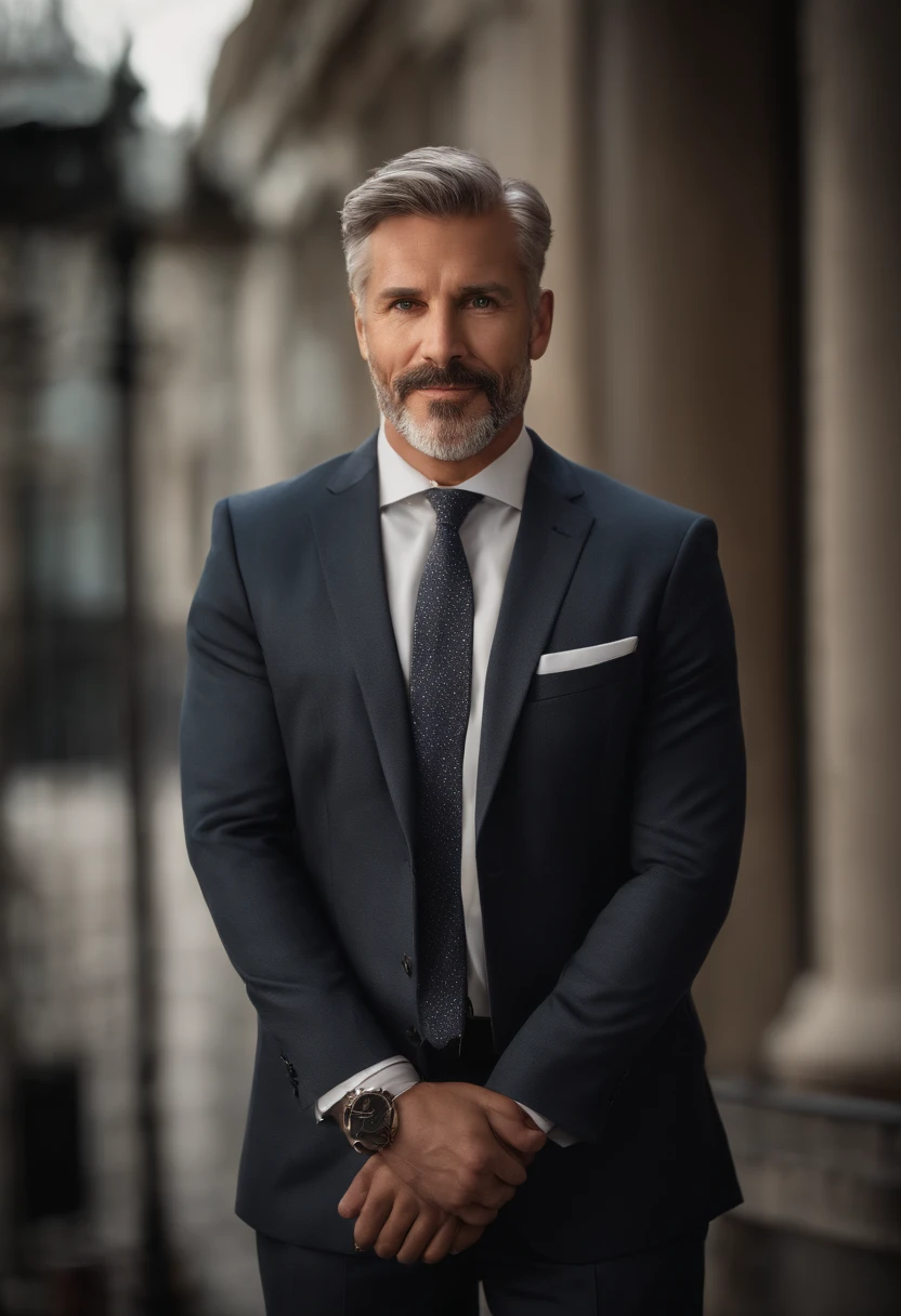 realistic portrait of middle-aged business professional, 110 pounds weight, professionally dressed in a suit and tie, high-quality, highest resolution, looking straight at the camera, professional, beautiful detailed eyes slightly brownish, beautiful detailed lips, short beard, short gray hair, kind expression, warm smile, distinguished look, proper lighting, plain background