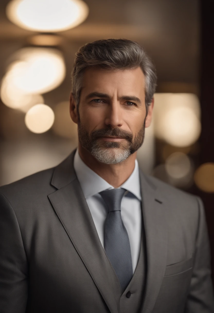 realistic portrait of middle-aged business professional, 110 pounds weight, professionally dressed in a suit and tie, high-quality, highest resolution, looking straight at the camera, professional, beautiful detailed eyes slightly brownish, beautiful detailed lips, short beard, short gray hair, kind expression, warm smile, distinguished look, proper lighting, plain background