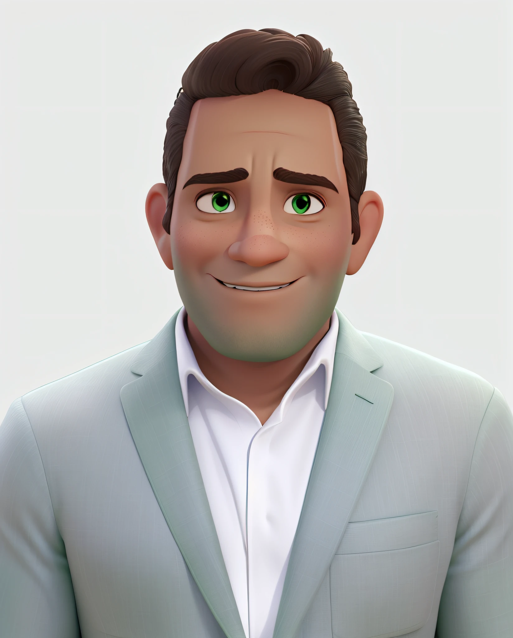 Um homem olhos verde ,cabela castanho curto pentiado para cima , subracela juntas e cor da pelo pardo,nariz normal  estilo disney pixar ,alta quualidade ,melhor qualidade