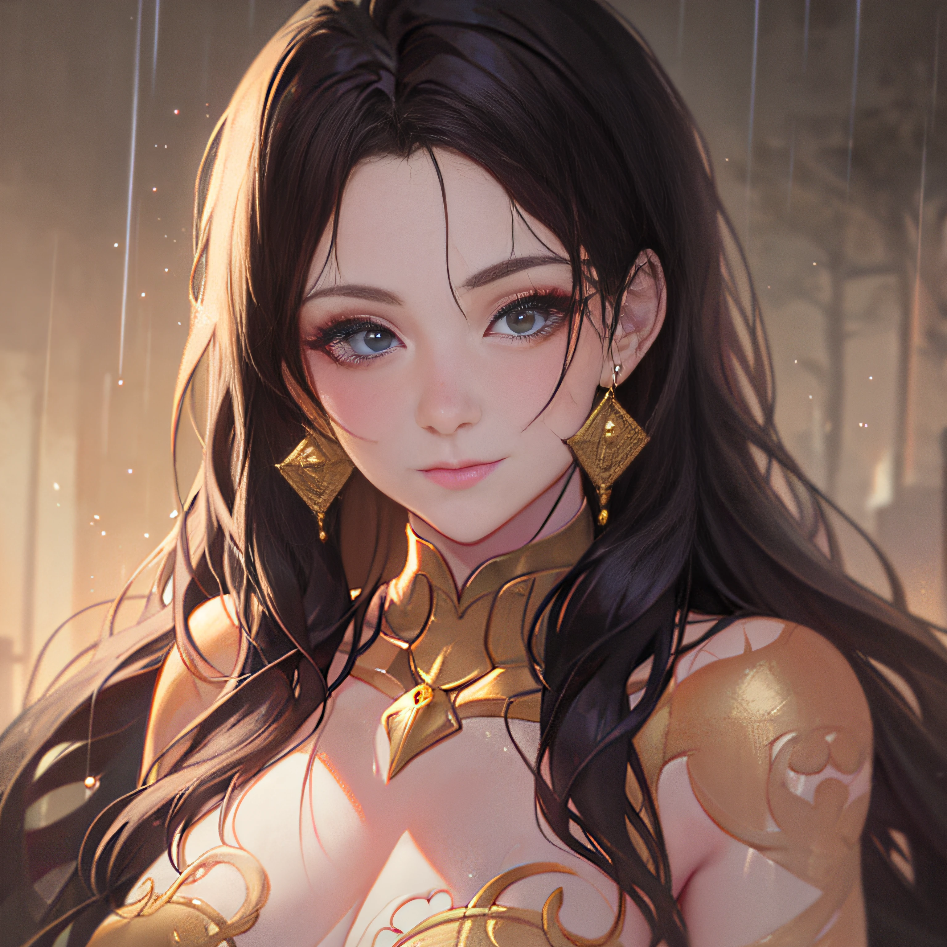 gold tattoos with a girl in rain with golden earrings, in the style of vray tracing, martin ansin, yuumei, poured, close up, dark white and gold, speedpainting, masterpiece, best quality,