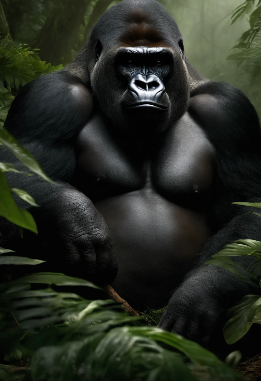 (best quality,ultra-detailed,realistic:1.37),gorilla sitting in a jungle,aggressive expression,smoking a cigar,thick smoke,green lush vegetation,vivid colors,dappled sunlight,menacing dark shadows,ferocious eyes,sharp fangs,strong muscular build,jungle noises,ominous atmosphere,wisps of fog,mysterious aura,creepy silence smoking cigar