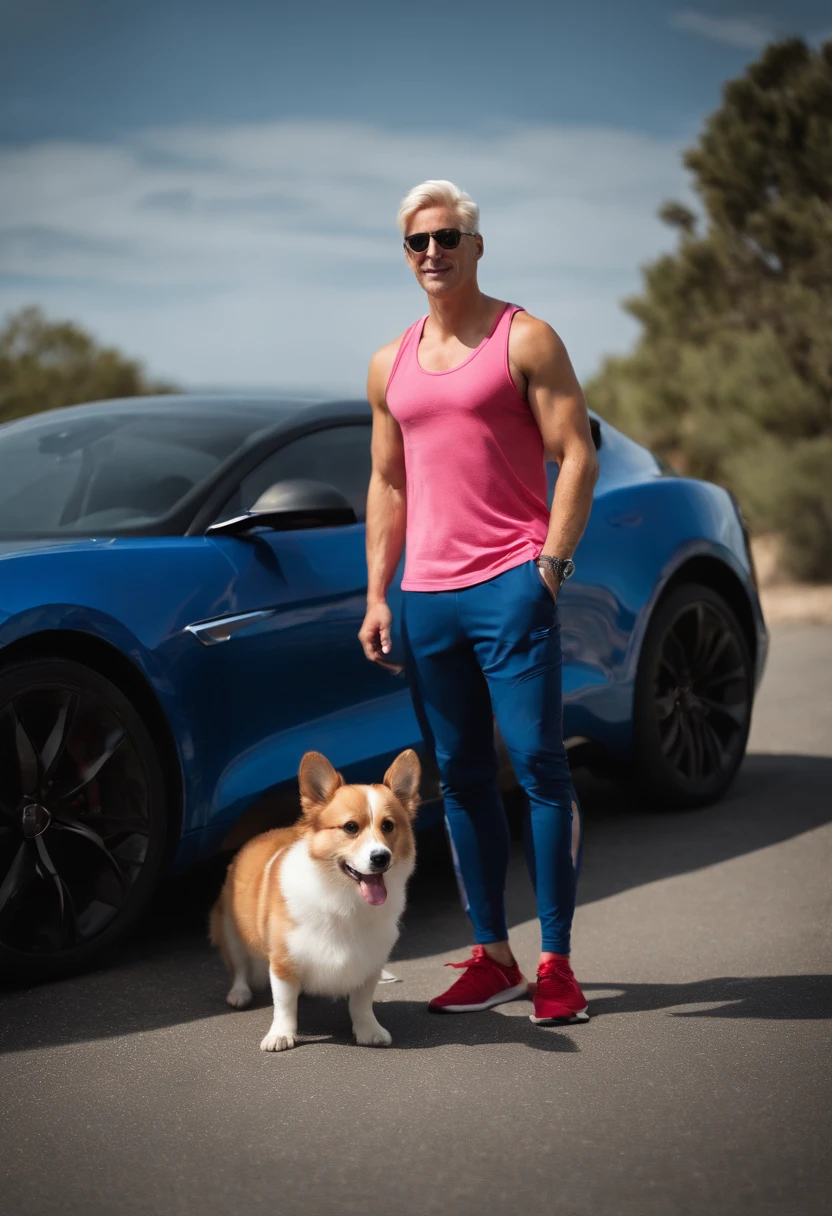 A full-length man, platinum blonde hair, brown eyes, very handsome, he is wearing a white tank top with a red top and a blue bottom; dark blue sports pants and Adidas sneakers and sunglasses. Next to him is a Corgi dog in gray white with a pink collar and a red cat with a pink collar. Nearby is a Tesla car