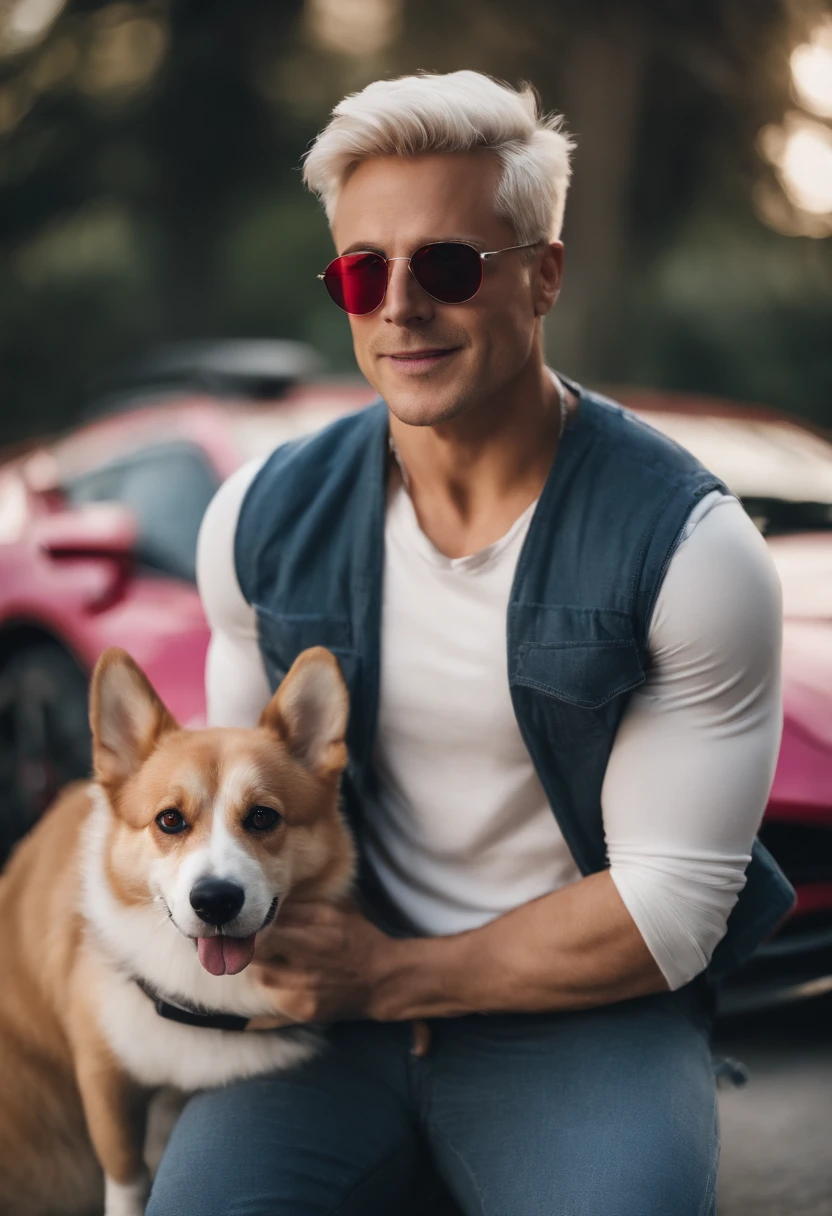 A full-length man, platinum blonde hair, brown eyes, very handsome, he is wearing a white tank top with a red top and a blue bottom; dark blue sports pants and Adidas sneakers and sunglasses. Next to him is a Corgi dog in gray white with a pink collar and a red cat with a pink collar. Nearby is a Tesla car