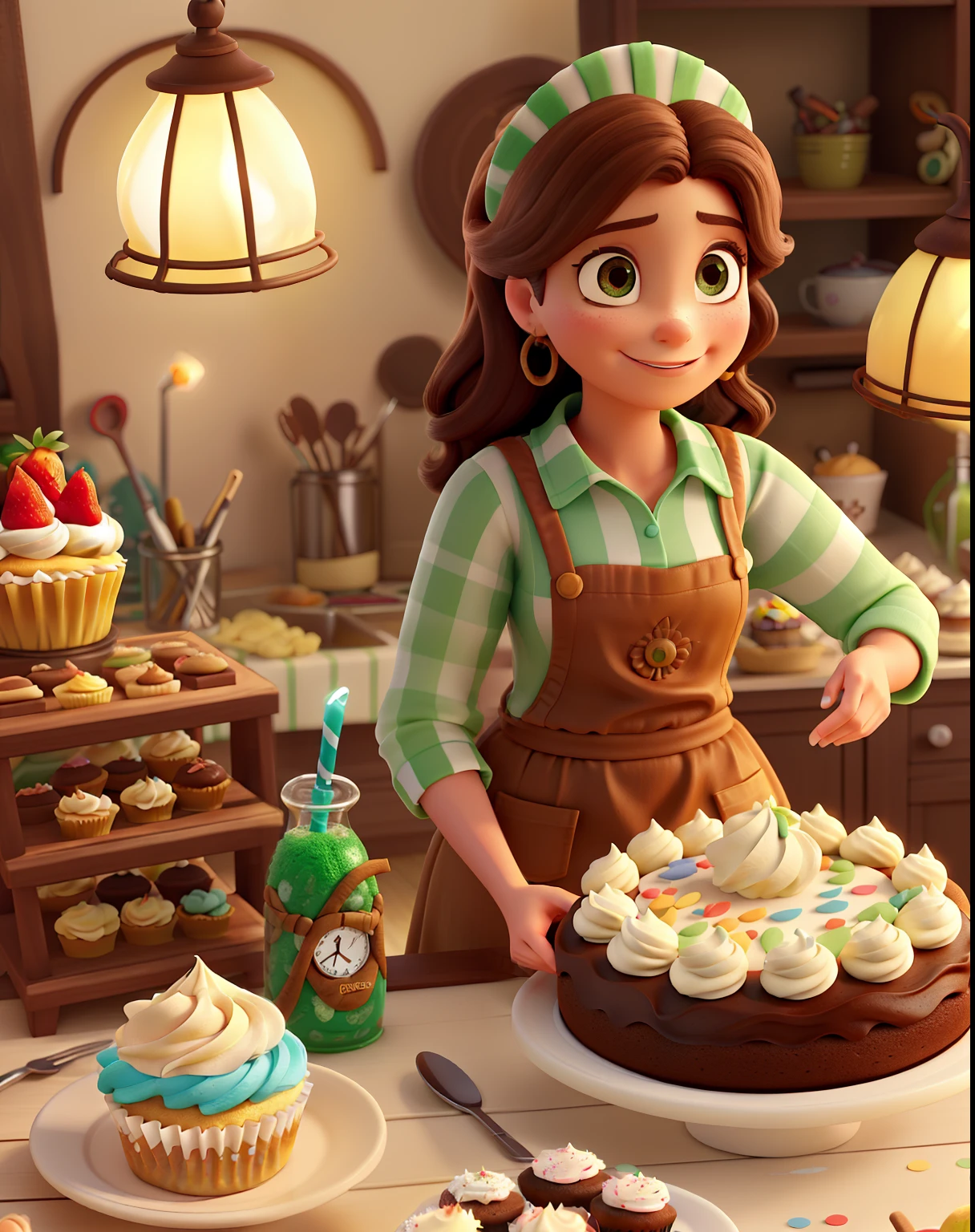 Poster 3 D inspirado na Disney Pixar, A confectioner woman illuminated by the light of a lamp, com pele clara,cabelos marrom, olhos marrom,avental verde musgo contra o pano de fundo de uma confeitaria, Woman Is Making A Cake In Cream, na mesa tem batedeira, cupcakes, brownies and Strawberry