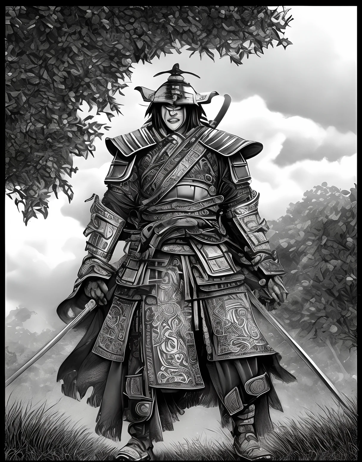 Wise and smiling samurai in armor in drawn style in black and white with a beautiful asian background (Trees, Wolken). der samurai hat einen coolen Bart, long hair with a braid and he carries a sword