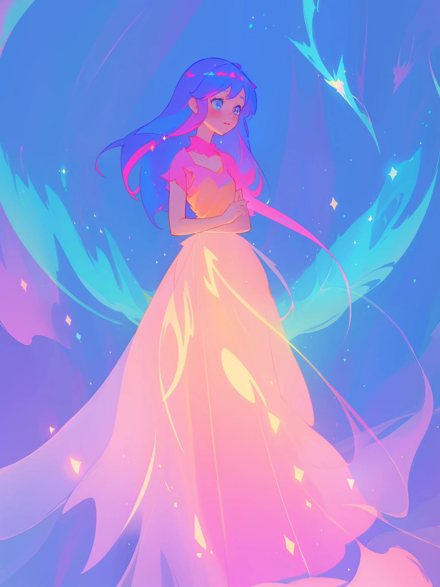 beautiful anime girl in colorful shimmering layered ballgown, sparkling dress, vibrant pastel colors, (colorful), magical lights, sparkling lights, inspired by Glen Keane, inspired by Lois van Baarle, disney art style, by Lois van Baarle, glowing aura around her, by Glen Keane, jen bartel, glowing lights! digital painting, flowing glowing hair, glowing flowing hair, beautiful digital illustration, fantasia background, whimsical, magical, fantasy, beautiful face, ((masterpiece, best quality)), intricate details, highly detailed, sharp focus, 8k resolution, sparkling detailed eyes, liquid watercolor