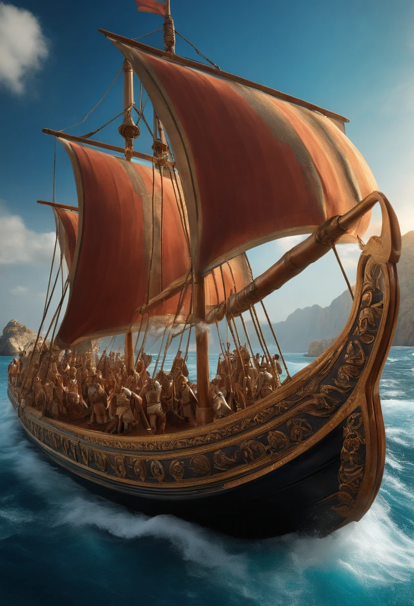 boat of the Phaeacians from Greek mythology with a crew of brave warriors and sailors