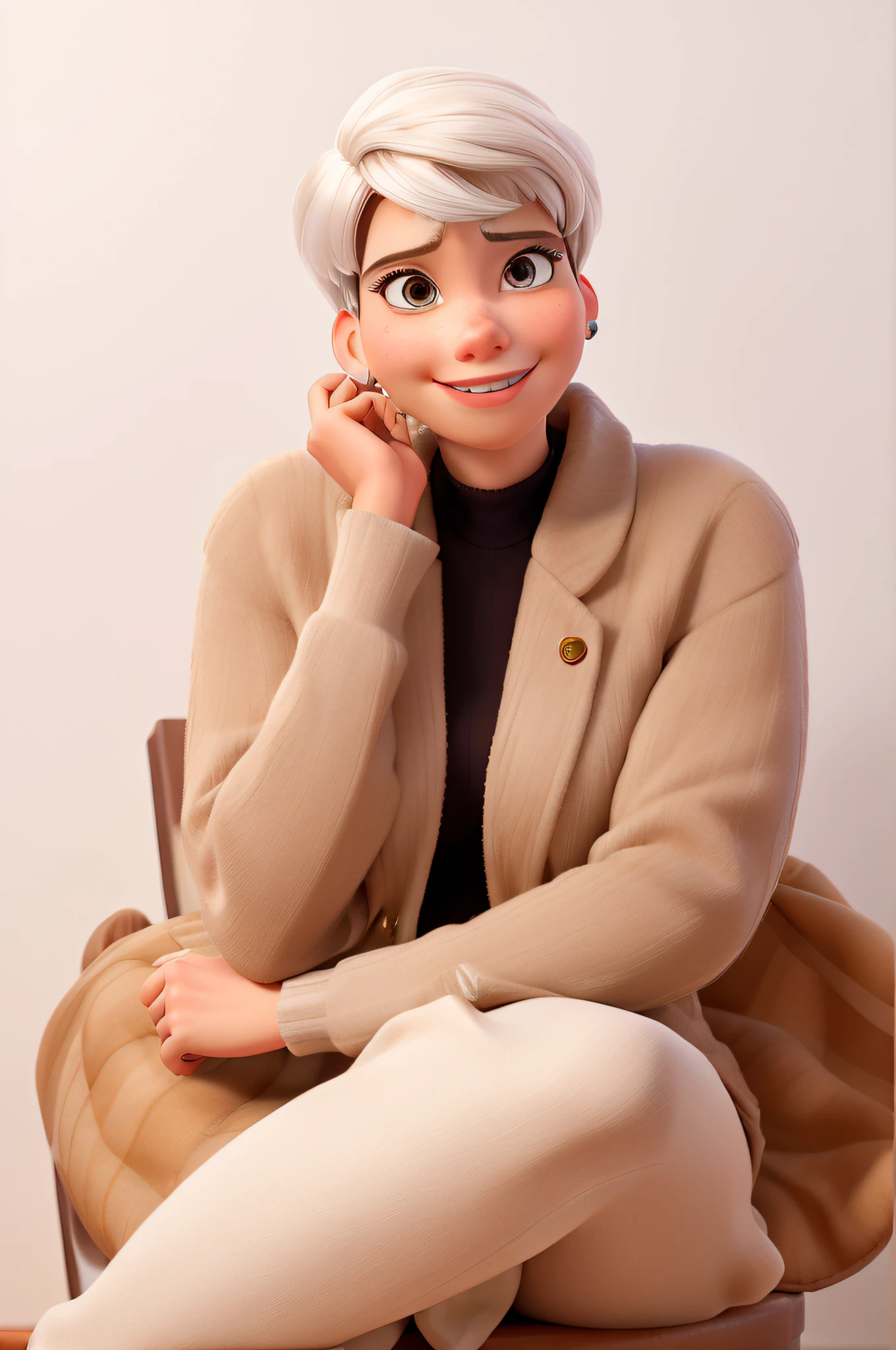 3D Movie poster in disney-Pixar style of an elegant woman, with light skin, brown eyes, white hair and short cut and light bangs in front of her hair, high quality, best quality
