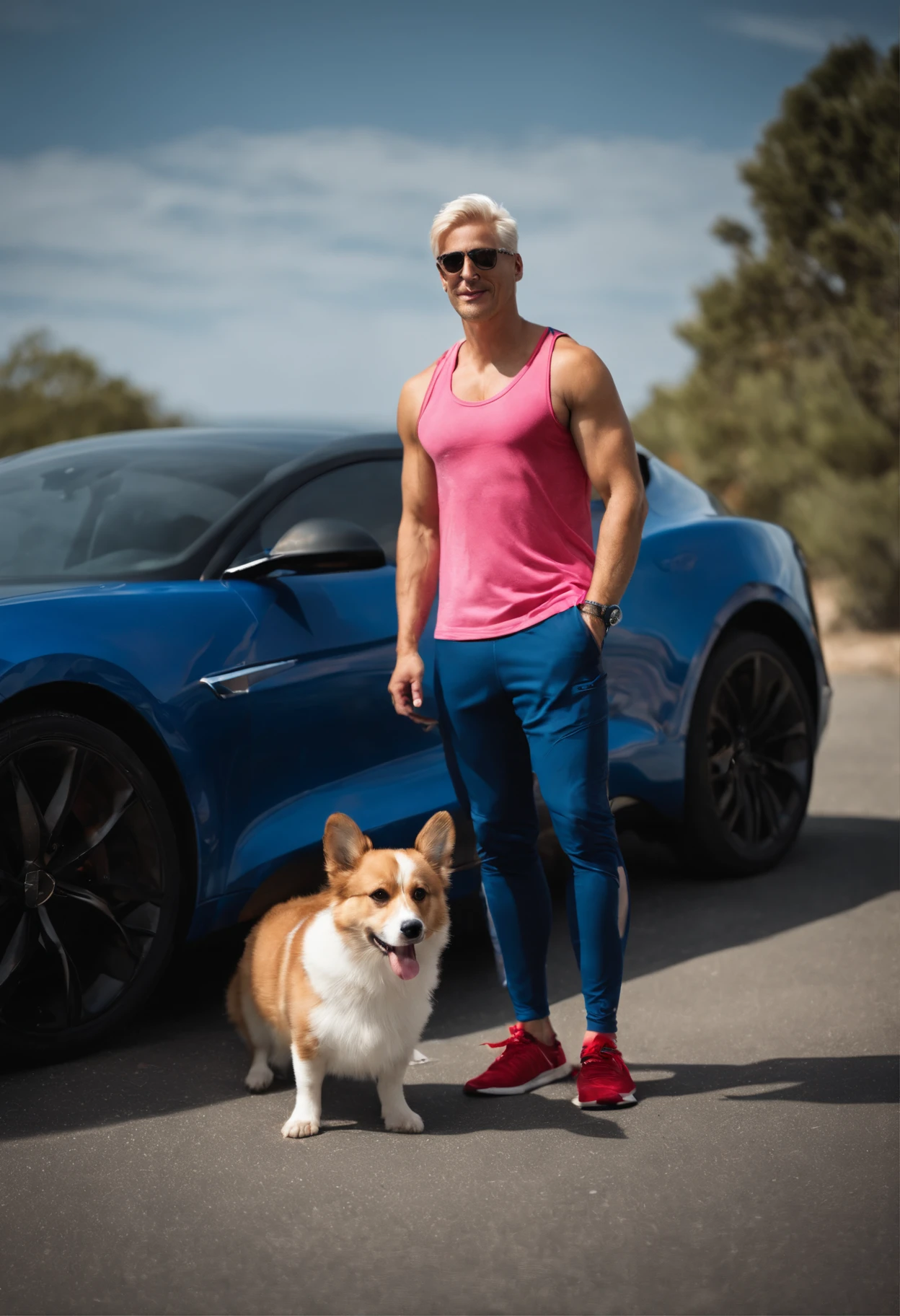 A full-length man, platinum blonde hair, brown eyes, very handsome, he is wearing a white tank top with a red top and a blue bottom; dark blue sports pants and Adidas sneakers and sunglasses. Next to him is a Corgi dog in gray white with a pink collar and a red cat with a pink collar. Nearby is a Tesla car