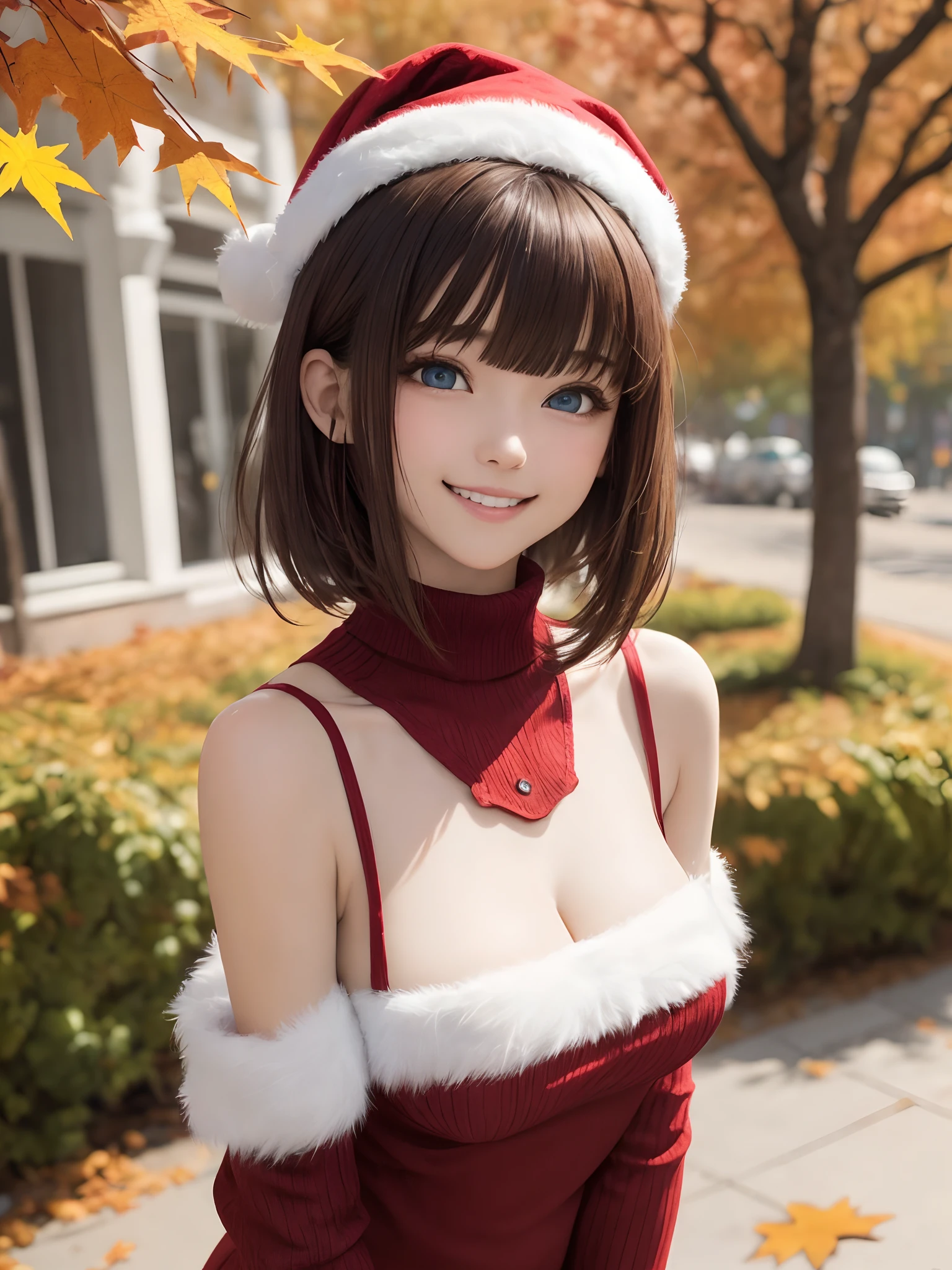(masutepiece:1.4, top-quality、Very attractive adult beauty with a very cute smile:1.4、Add intense highlights to the eyes:1.4、Look firmly at the camera、Beautiful woman full of adult charm:1.4),1girl in, 独奏, Light brown shiny hair, muffler,Santa Claus hat:1.4,realisitic, looking at the viewers, Bright colored crystal light blue eyes:1.4, short shiny hair, Santa Claus Starneck Knit、 Red and white costume of Santa Claus in turtleneck with round hole in the center of the chest:1.4,Sexy red and blue turtleneck knit sweater with round hole in the center of chest:1.4、 s lips, lipgloss:1.4,bangss, The upper part of the body、big eye、Lashes、The face is a little red:1.4、Embarrassing)、((Canadian tree-lined avenues in autumn:1.4))、((Shorthair with bangs、big eye、Put very strong highlights in your students:1.4、{Gigantic|Big|Huge|Mega} breasts:1.4、very Bigger breasts、gazing at viewer、Very beautiful beauty、Put your ears out:1.4、long neck:1.4、little smiling、Beautiful teeth、Open your mouth and smile:1.4))、28 year old:1.4、Very cute supermodel:1.4、