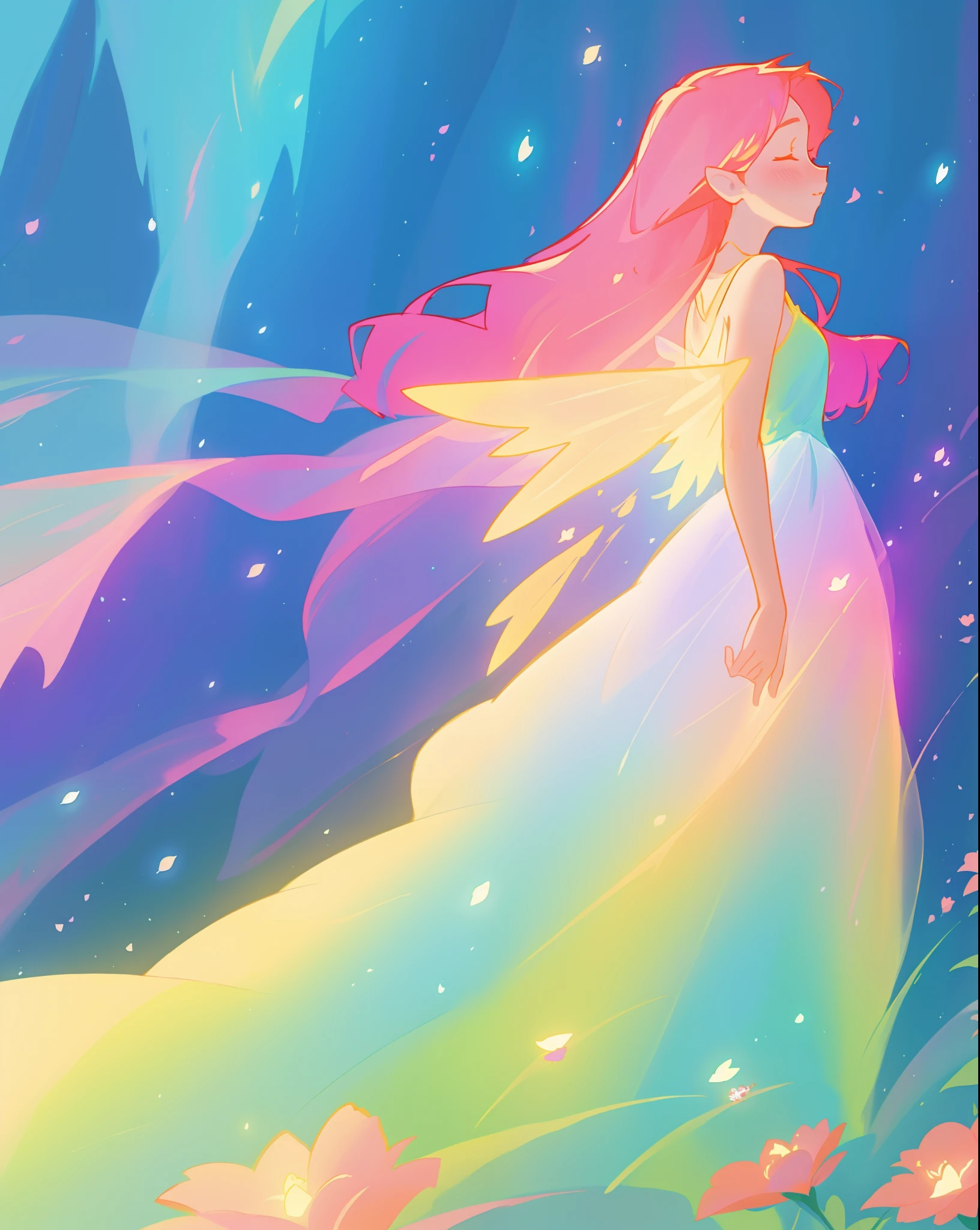 beautiful fairy girl in flowing colorful dress, fairy dress, fairy queen, magical colorful otherworldly landscape, (glowing fairy wings), glowing flowing ballgown, long hair, sparkling fairy wings, watercolor illustration, flowers and colorful plants, inspired by Glen Keane, inspired by Lois van Baarle, disney art style, by Lois van Baarle, glowing aura around her, by Glen Keane, jen bartel, glowing lights! digital painting, flowing glowing hair, glowing flowing hair, beautiful digital illustration, fantasia otherworldly landscape plants flowers, beautiful, masterpiece, best quality, anime disney style