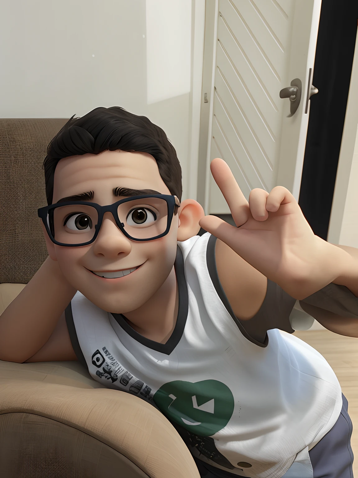 9 year old boy wearing glasses and making a peace sign