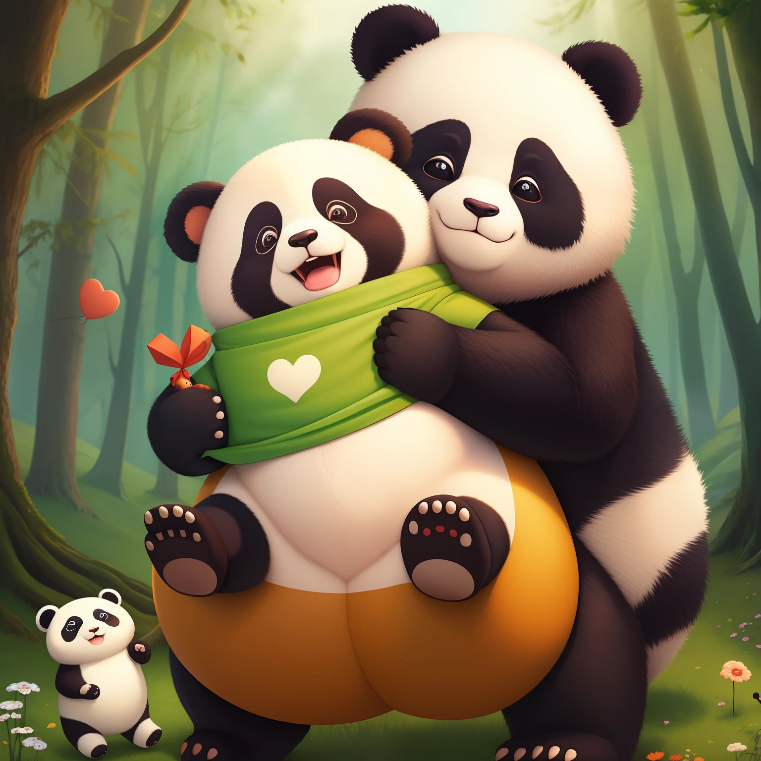 The Curious Panda is together with the Smiling Winding Bear and the Bouncing Doll in the Stuffed Forest. They're embraced, com sorrisos calorosos, Expressing Joy and Friendship Bond Children's Book Illustration Style