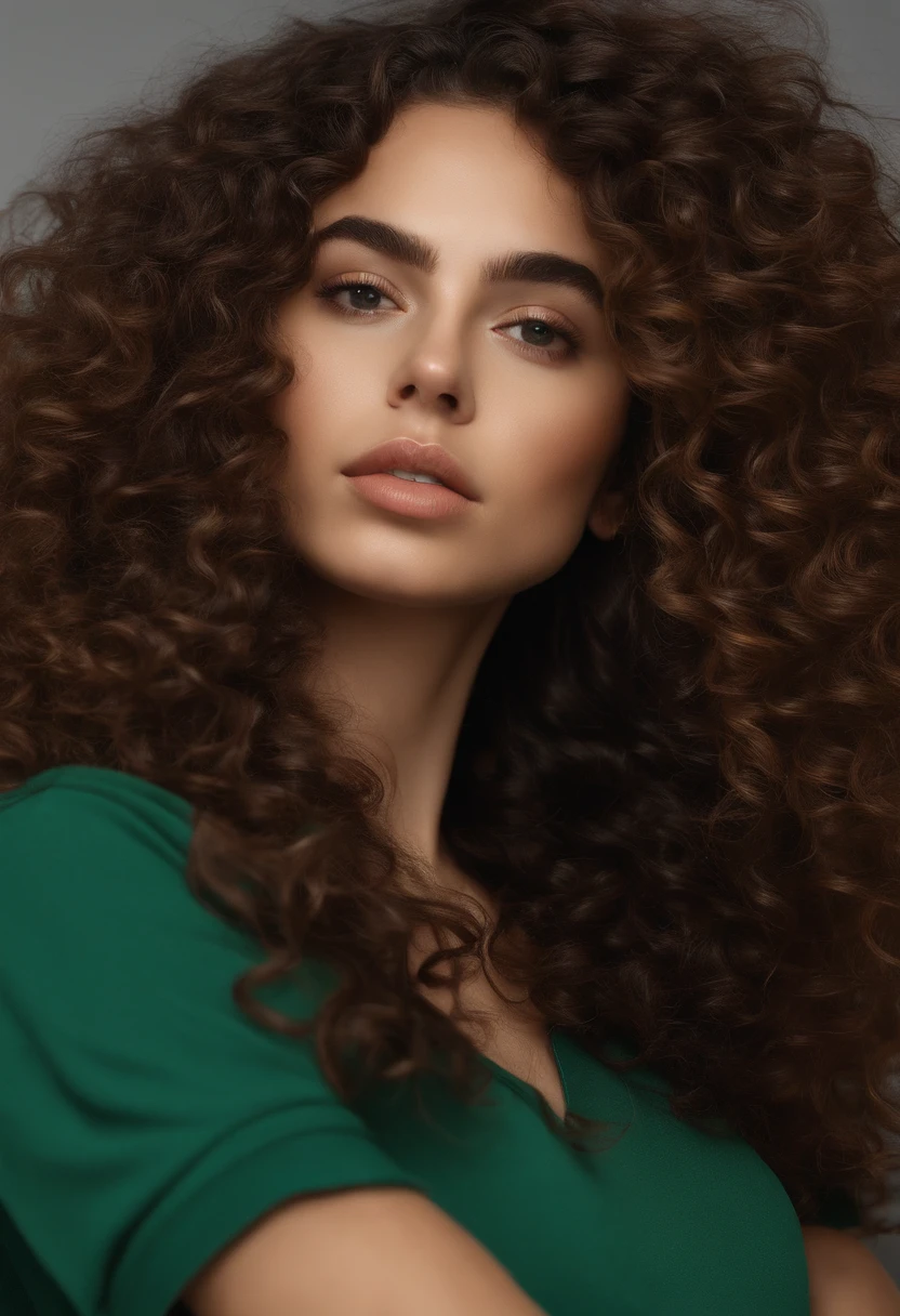 (realista)A woman with long curly brown hair and a green bra, Ava Max, Her hair is curly brown, with long curly brown hair, Perfect girl with curly brown hair , Curly Chestnut Goddess, long brown curly hair, Angelawhite, with curly brown hair, Curly Brown, Yelena Belova, Belleza asombrosa, brown curly hair, full curly brown, with long curly brown hair, Cara sexy,cuerpo completo