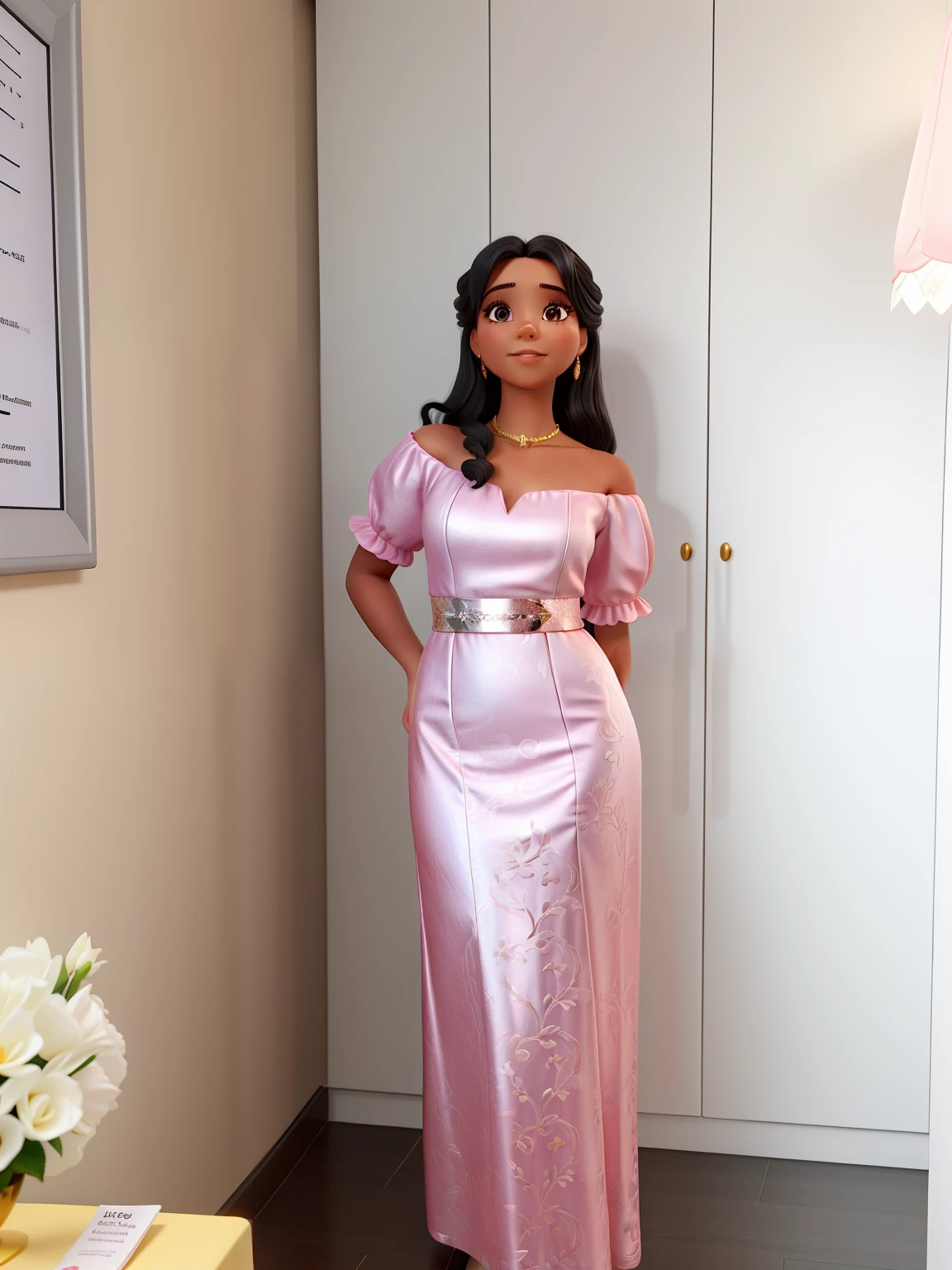 Uma mulher jovem e linda, doce, cabelo preto liso, vestindo um vestido de gala rosa