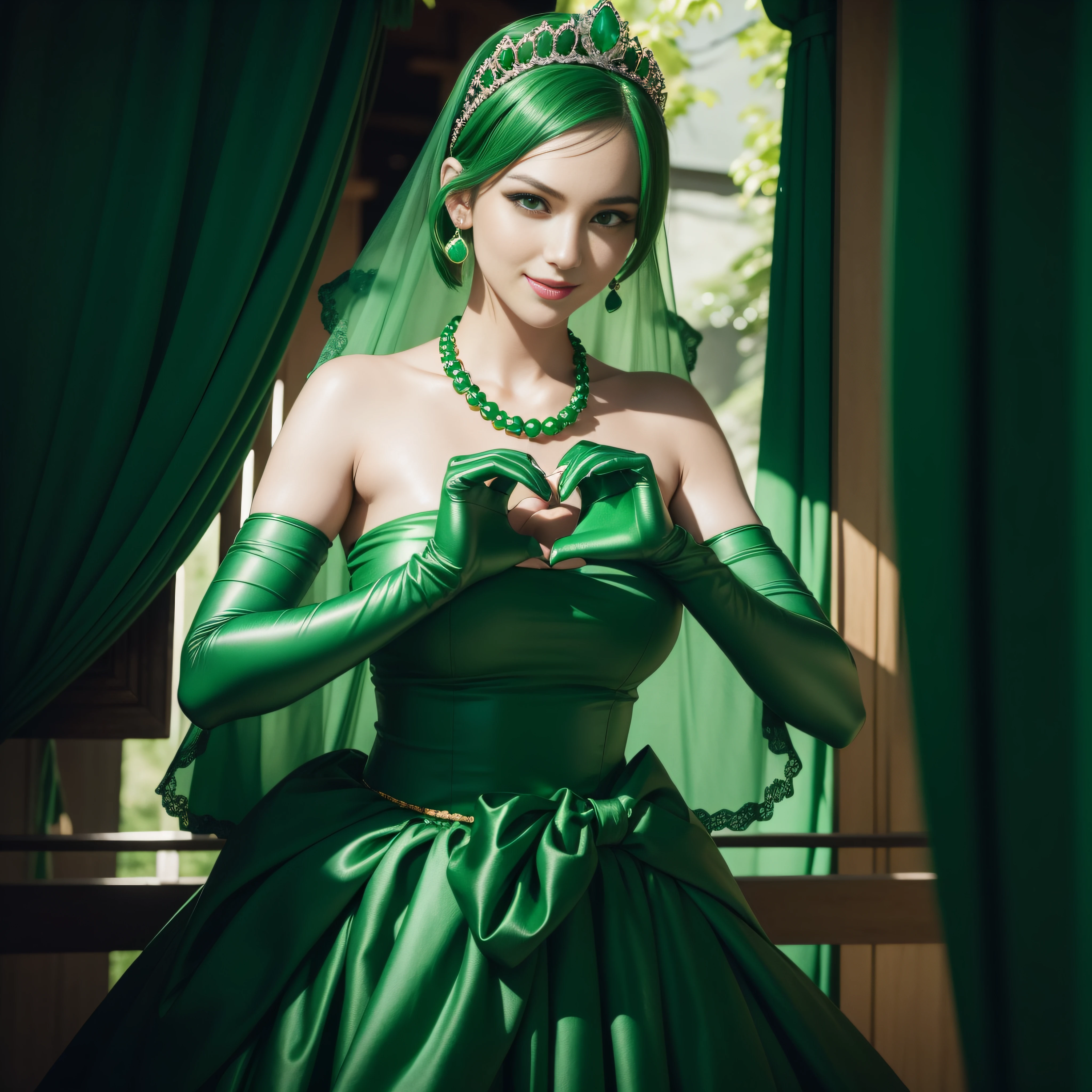 emerald tiara, Green Pearl Necklace, Boyish very short green hair, lipsticks, Japan woman smiling, very short short hair,  big breasts beautiful, Green eyes, Long green gloves made of satin material, Green eyes, Emerald Earrings, green vale, Heart with both hands