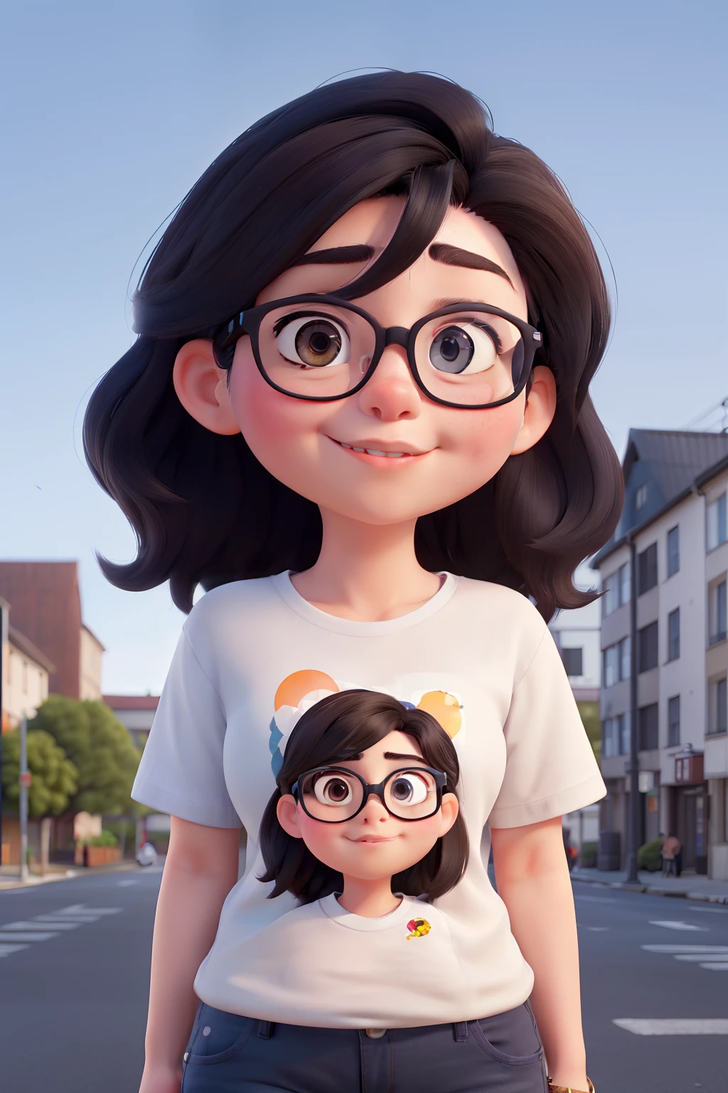(best quality,realistic),portraits,japanese,dark eyes,dark hair,medium hair length,big glasses,plump cheeks,a bit chubby,dark blue jeans,black t-shirt,white sneakers,soft lighting,vibrant colors,modern urban backdrop