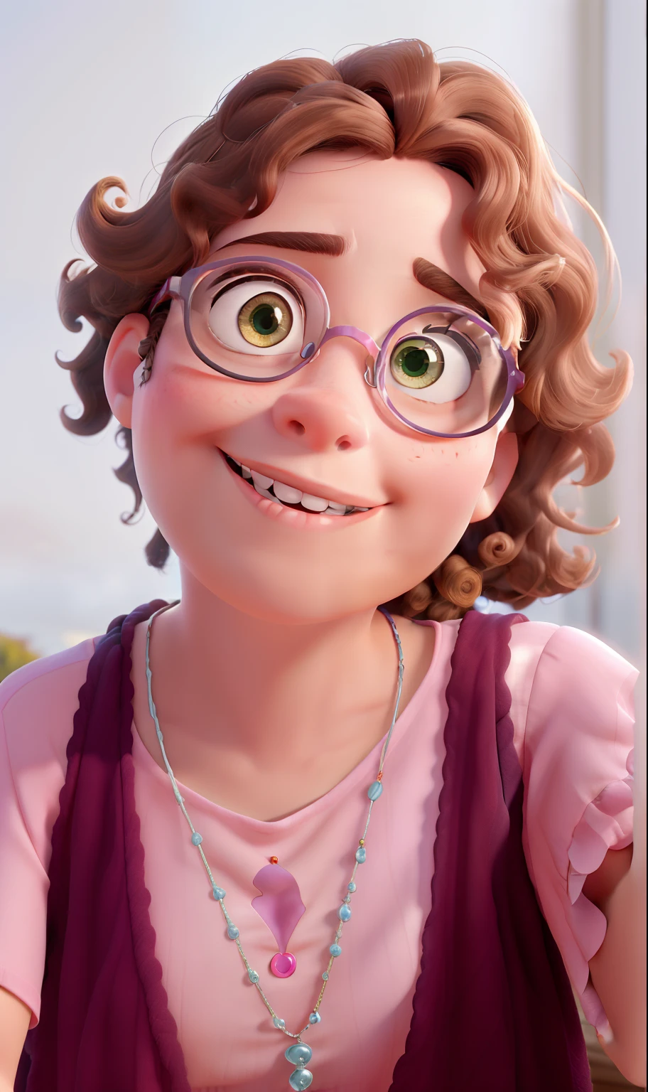 A Pixar 3D Disney-style movie poster with the title "Agnes" with a young princess woman with curly brown hair and transparent glasses in a pink dress, ao seu lado um jovem de cabelos loiros cacheados, com olhos verdes