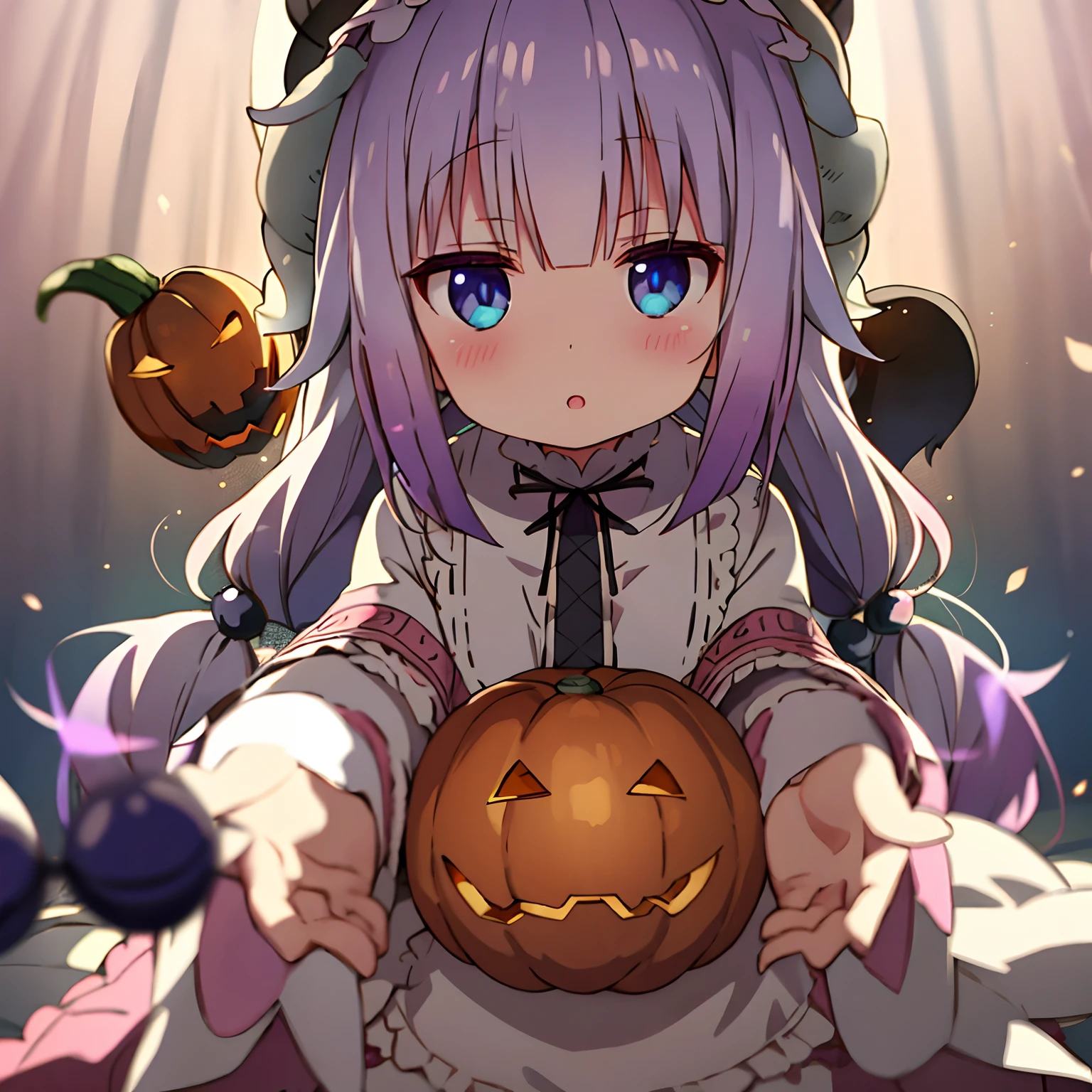 Draw Kanna - a young girl with long white lavender hair, which are gathered in two tails with three dark blue beads. She has blue eyes and four horns (one up and down on each side). It also has a long, thin tail, that ends in a fluffy ball, Poodle-like. The clothing style has been described as "gothic lolita with a tribal theme". Theme: Anime style + Halloween.