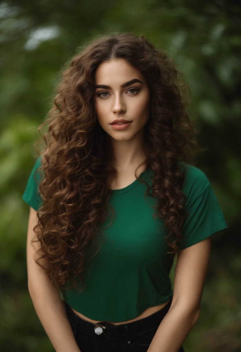 (realista)A woman with long curly brown hair and a green T-shirt, Ava Max, Her hair is curly brown, with long curly brown hair, Perfect girl with curly brown hair , Curly Chestnut Goddess, long brown curly hair, Angelawhite, with curly brown hair, Curly Brown, Yelena Belova, Belleza asombrosa, brown curly hair, full curly brown, with long curly brown hair, Cara sexy,cuerpo completo