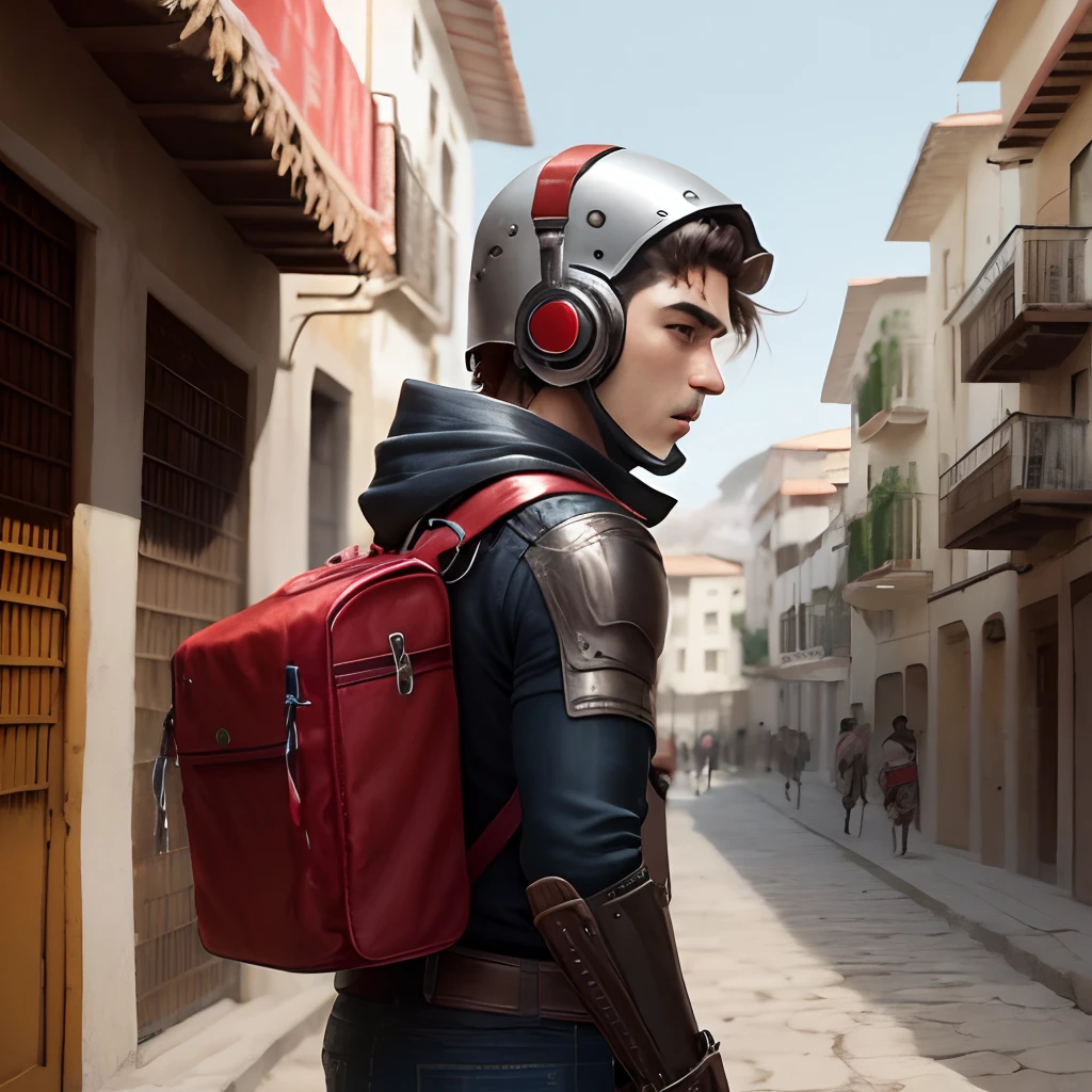 Guerrero Esparta con casco abierto y capa roja