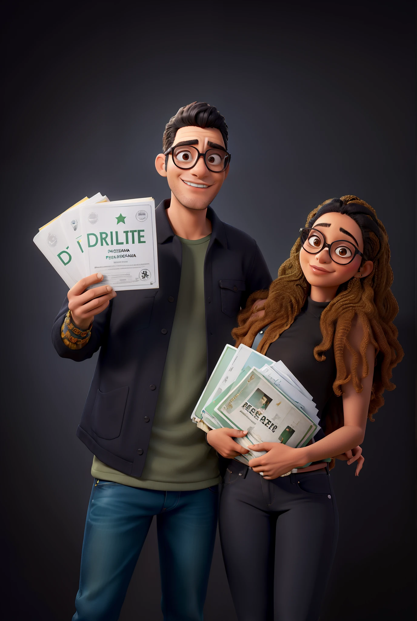Casal de artistas, homem pele morena, wearing black glasses, jaqueta preta, Jeans and dark green blouse. Mulher pela morena, cachos loiros, roupa preta. Both holding books they released together, on the cover is written THE CHRISTIAN ARTIST'S CHECKLIST