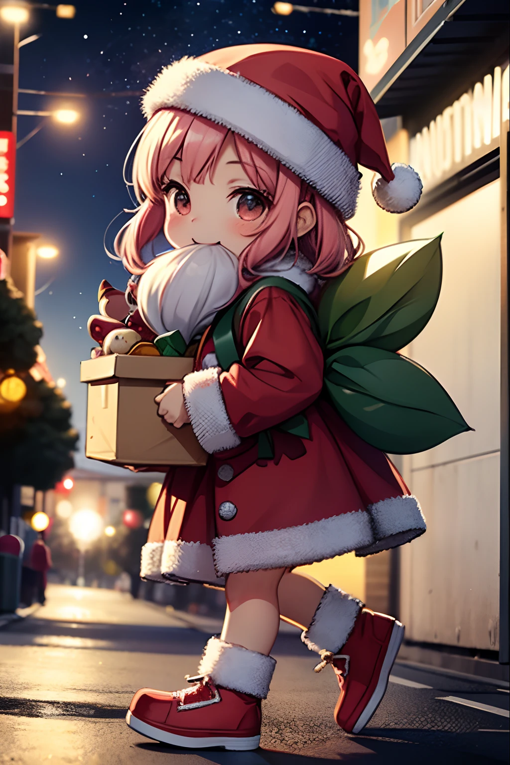 Santa Claus happily carrying presents、Santa is a pretty girl、Chibi Doll、Stars in the eyes（kirakira）、Laugh、Cute red shoes、foco nítido, Ultra Detail, radiant light、bio luminescent、Taken from the side、Stronger bokeh effect