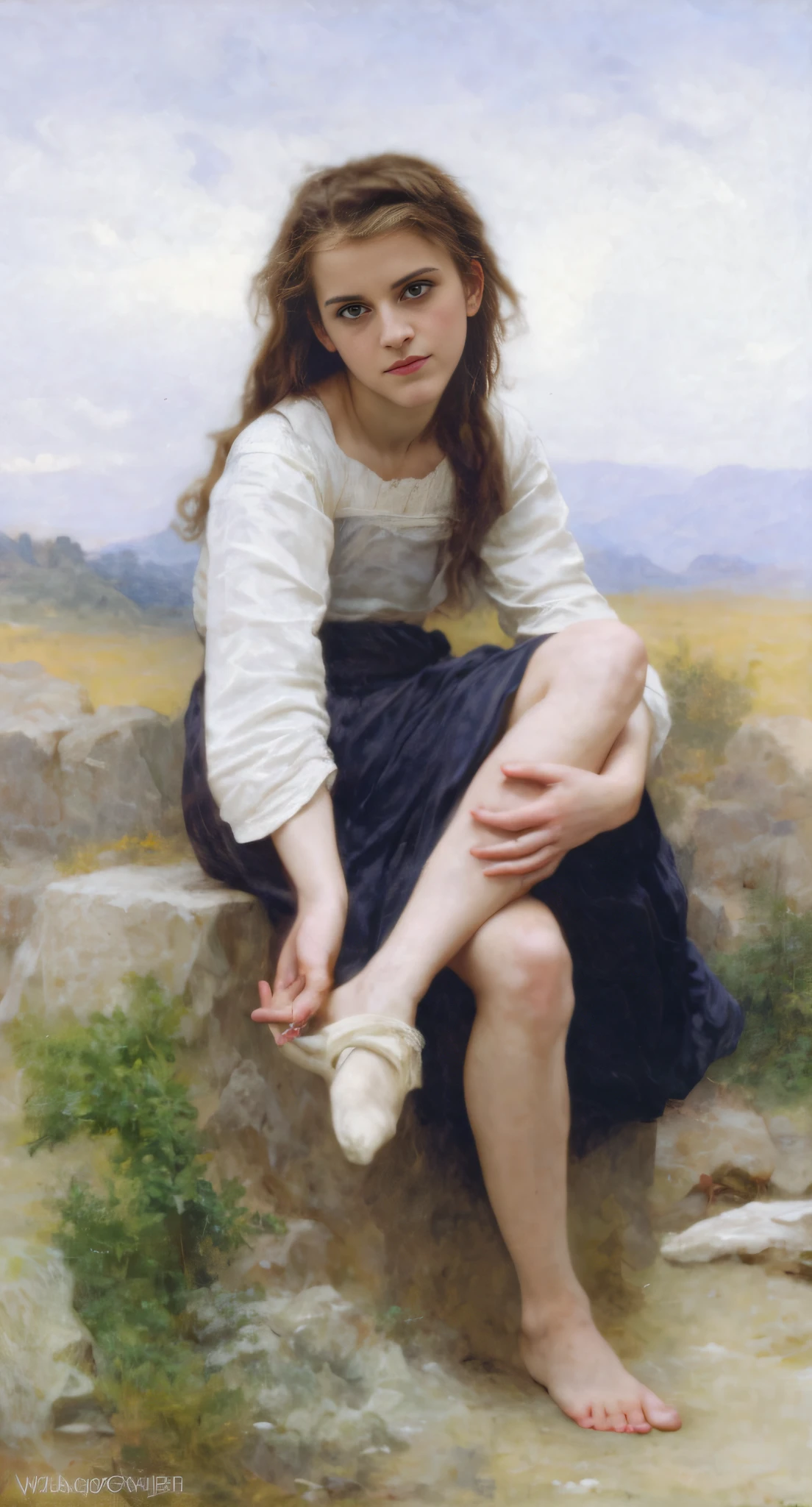 (Emma Watson) sitting on a rock with her feet crossed taking off your socks, bouguereau. full-shot, pudica gesture bouguereau style, pudica pose bouguereau style, inspired by William-Adolphe Bouguereau, bouguereau style pose, william bouguereau, tuomas korpi bouguereau, bouguereau, Emma Watson