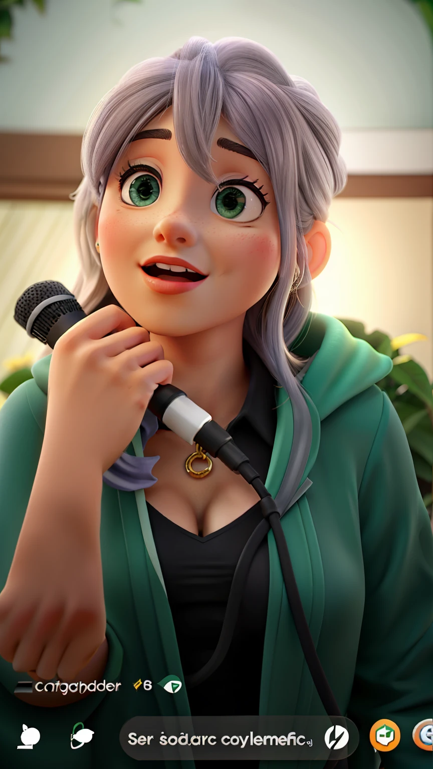 Uma mulher cantando em um lugar arborizado