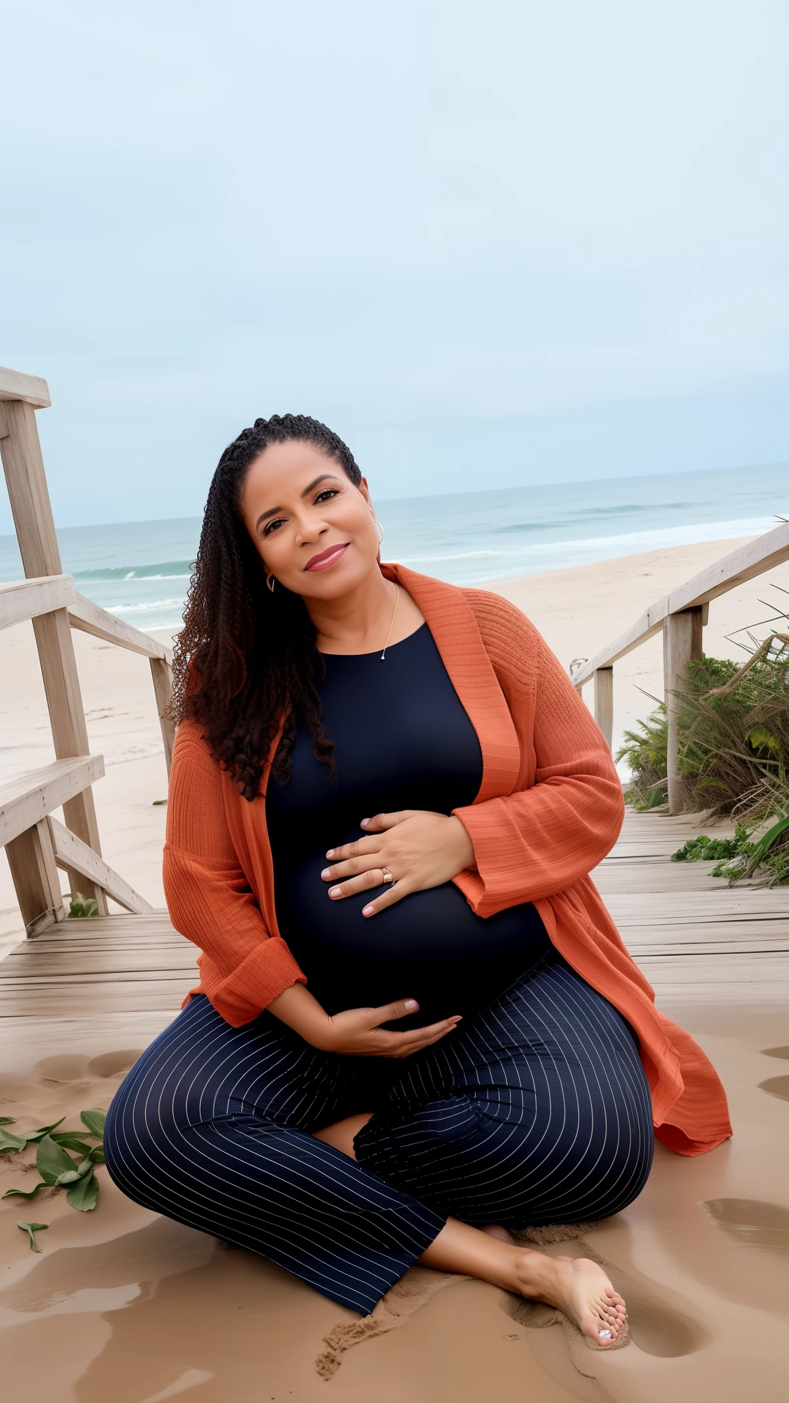 Ultra-realistic, 4K, Professional photos, 22-year-old girl, Black girl, ((huge breasts)), ((huge pregnant)), big curly hair, High resolution, Detailed face, Medium bodied, Floral skirt, (Open blue shirt), masterpiece, (Lighting), (1 solo), Beach Background, Realistic Background, Realistic photos