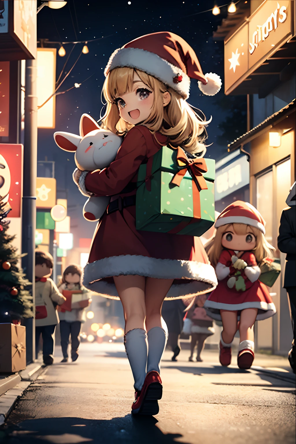 Santa Claus happily carrying presents、Santa is a pretty girl、Chibi Doll、Stars in the eyes（kirakira）、Laugh、Cute red shoes、foco nítido, Ultra Detail, radiant light、bio luminescent、Taken from behind、Stronger bokeh effect