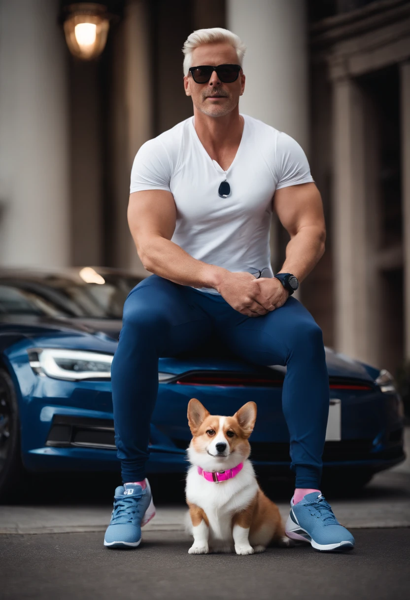 dad male corgi with small human blue eyes, no eyebrows, office suit, no pants white briefs ,white ankle socks , removing shirt , highly detailed lineart, realistic feet, 4k, best quality, masterpiece, swimming pool, vivid colors, physically-based rendering, white hands five finger, hugging