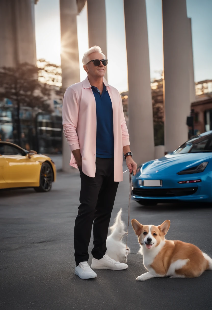 A full-length man, 30 years, platinum blonde hair, very handsome, he is wearing a white top, dark blue sports pants and Adidas sneakers and sunglasses. Next to him is a Corgi dog in gray white with a pink collar. And next to him is a red cat with a pink collar. Nearby is a blue Tesla car