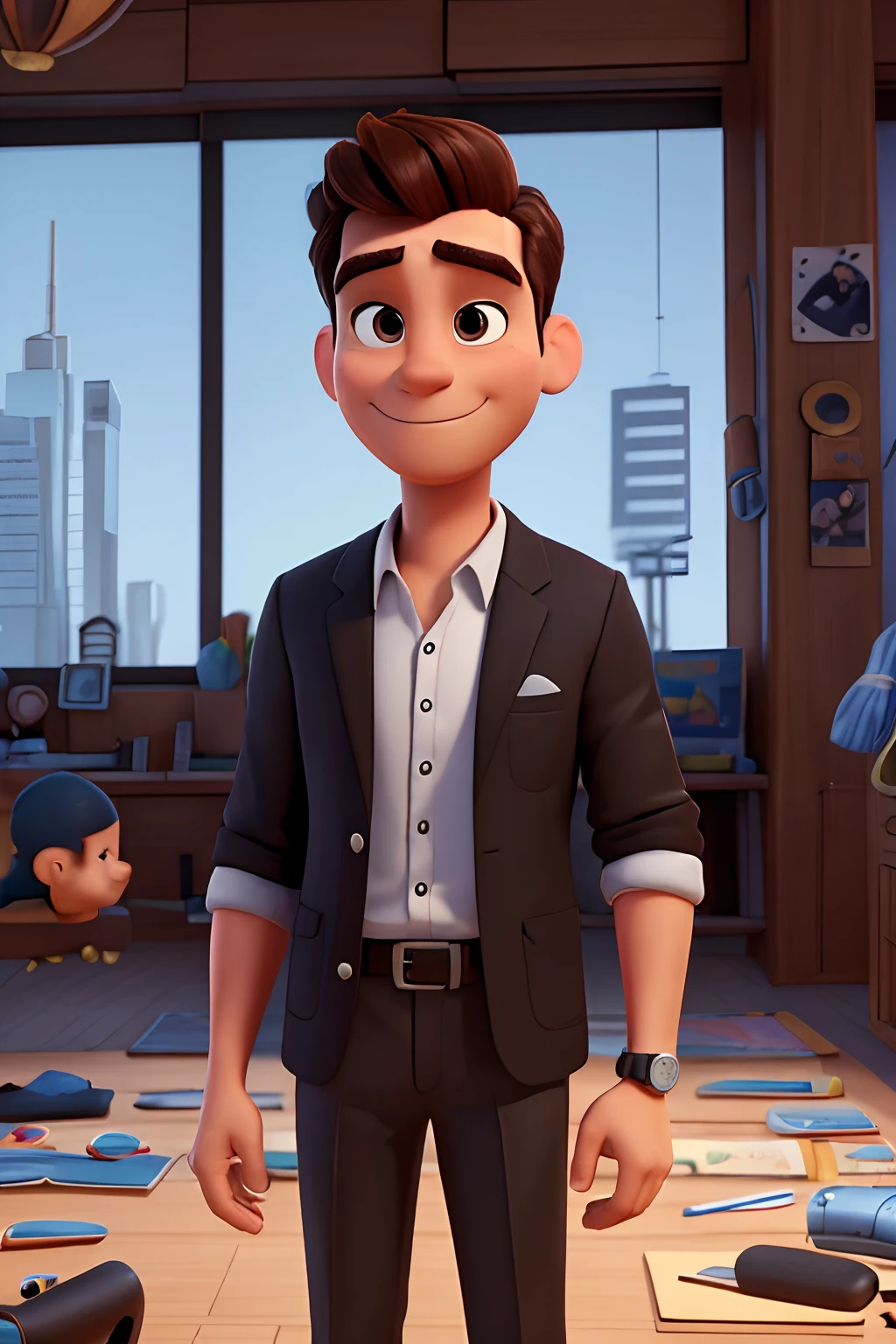 a Disney pixar-inspired movie poster with the title ("The Architect of the Future"). (O Arquiteto do futuro. A male architect in his office of the future in black clothes, cabelo curto e encaracolado e uma verruga na bochecha esquerda, brown with a watch on the right arm) a cena deve estar no distinto estilo de arte digital da Pixar, with a focus on character expressions, Vibrant colors and detailed textures that are characteristic of animations, with the title (Bruno Arquiteto)