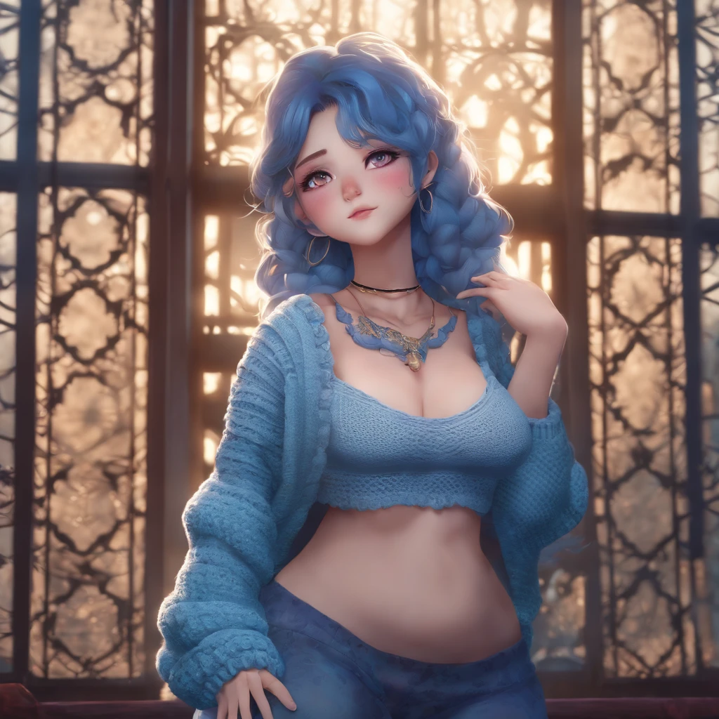 cute shy anime girl with completely blue skin and huge chest and thighs, wearing a crocheted sweater and yoga pants