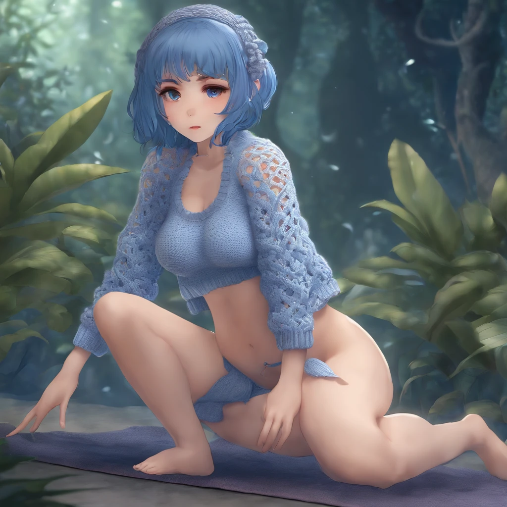 cute shy anime girl with completely blue skin and huge chest and thighs, wearing a crocheted sweater and yoga pants