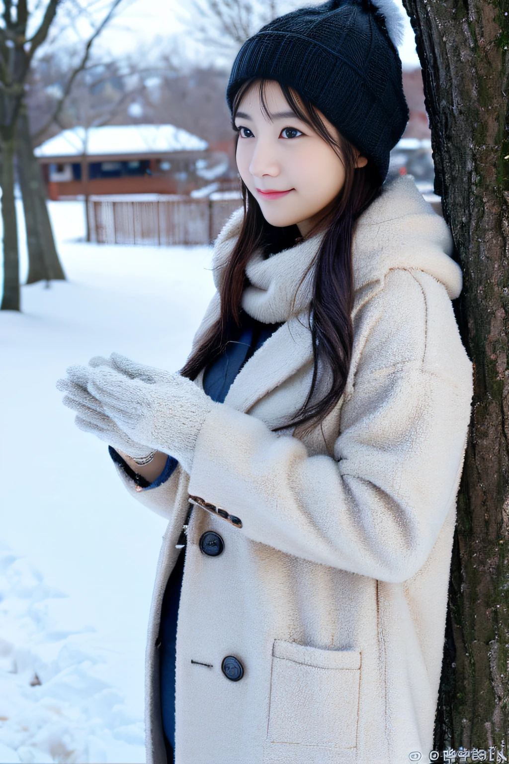 ((The woman I love、The woman I love))、Perfect appearance、Appearance:1.3、(masterpiece,high-level image quality,hightquality)、Beautiful realistic Japan person、爆乳、Clear department、Beautiful poses、Someone's love will kill you、Lovely love、Winter coat、Gloved hands、Big snowman on the ground、snowscape、natural、Winters、